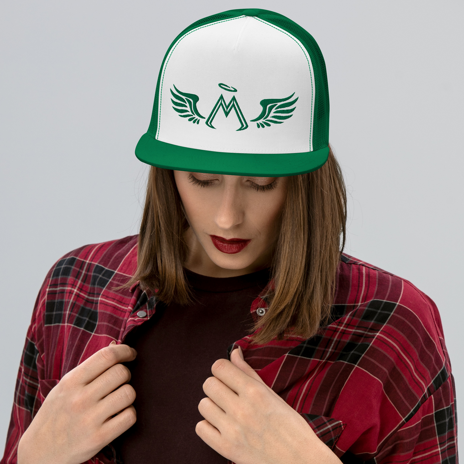 White-Green Trucker Cap With Embroidered Green MM Iconic Logo