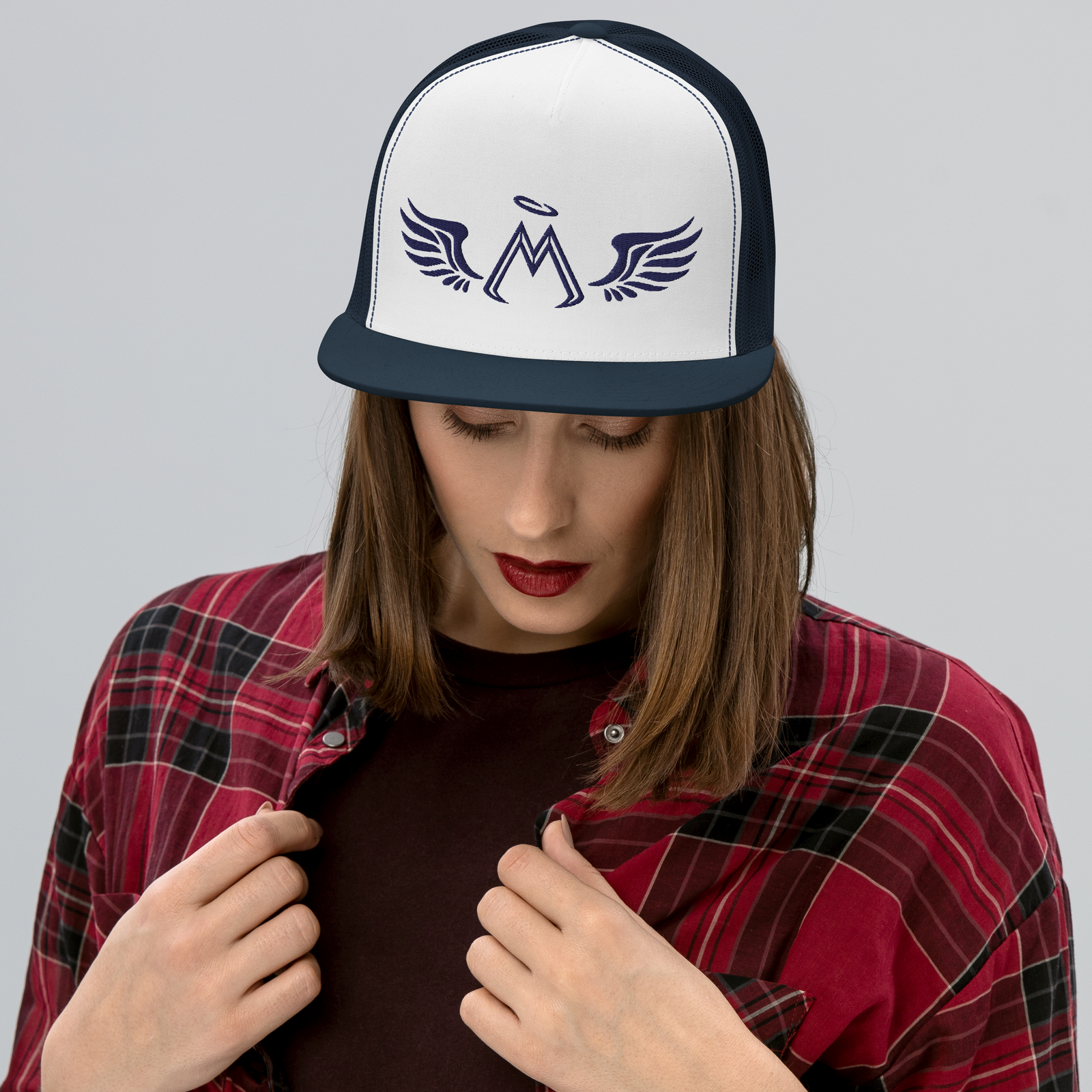 White-Navy Trucker Cap With Embroidered Navy Blue MM Iconic Logo