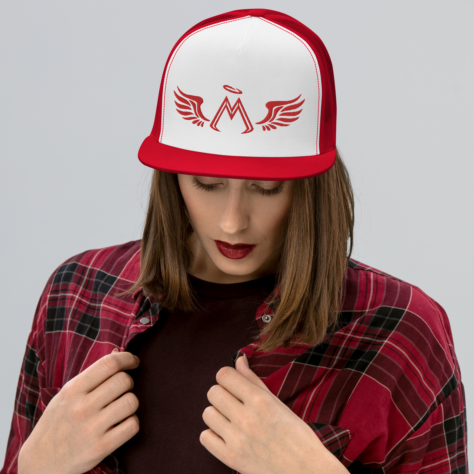 White-Red Trucker Cap With Embroidered Red MM Iconic Logo