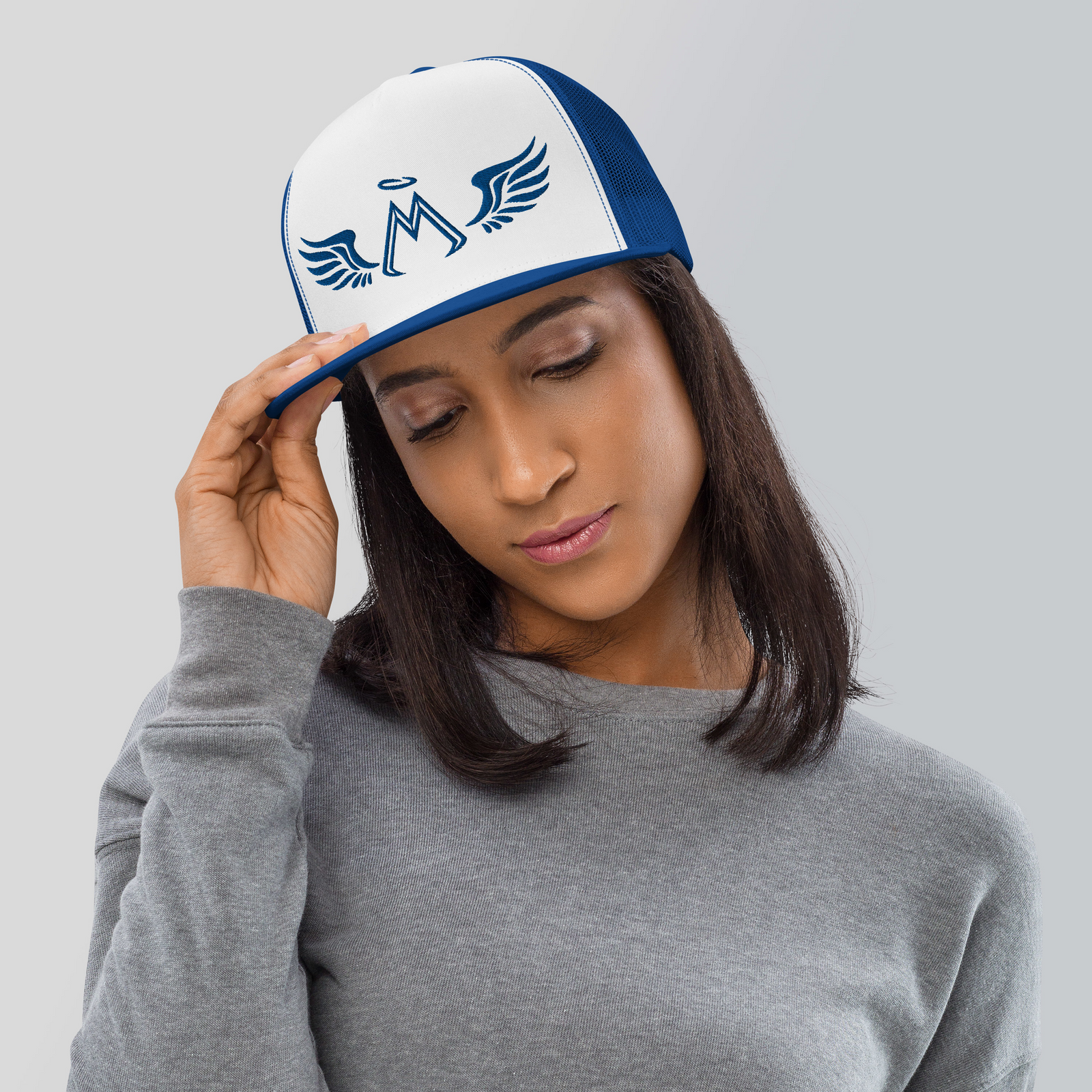 White-Blue Trucker Cap With Embroidered Blue MM Iconic Logo