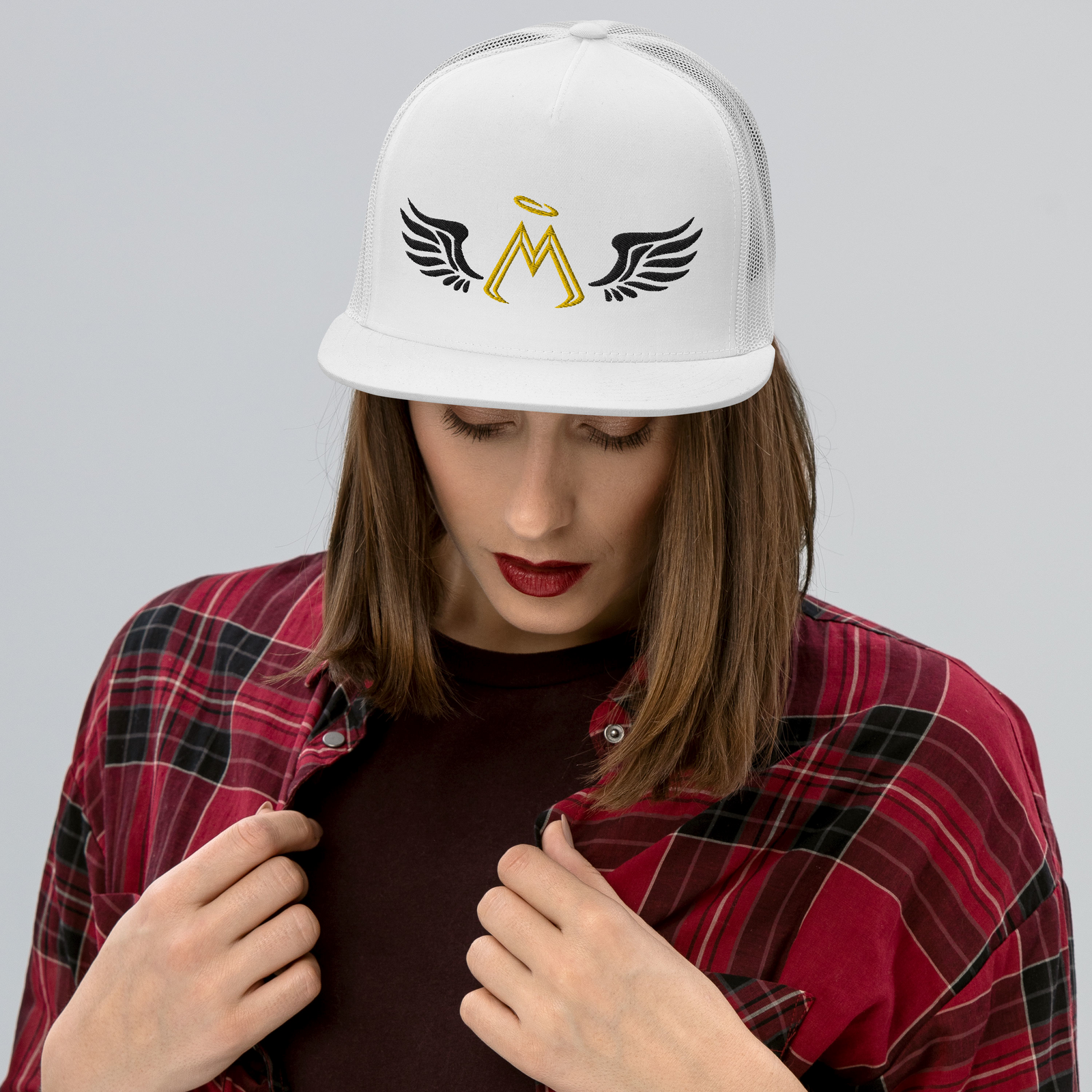 White Trucker Cap With Embroidered Gold-Black MM Iconic Logo
