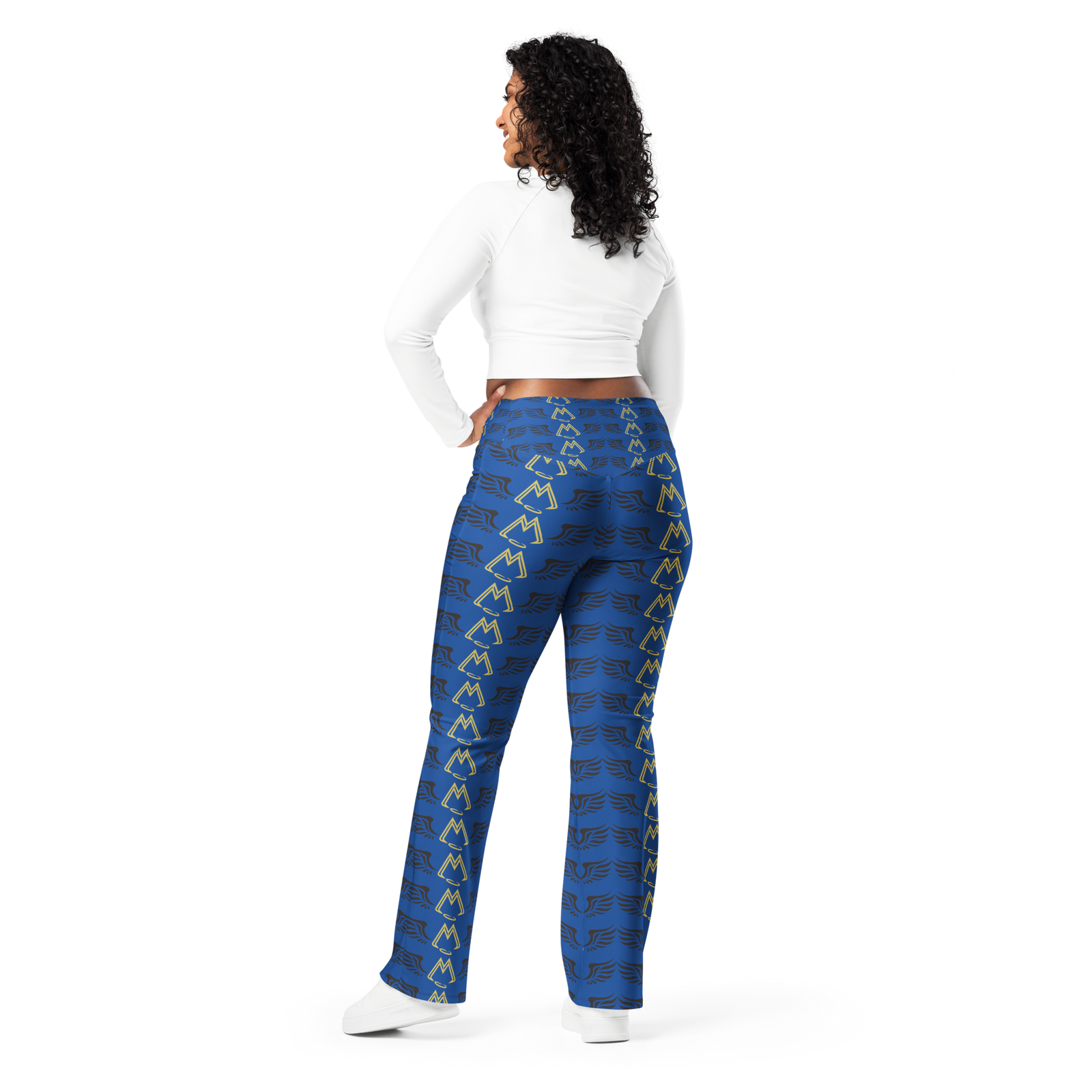 Blue Flare Leggings With Duplicated Gold-Black MM Iconic Logo