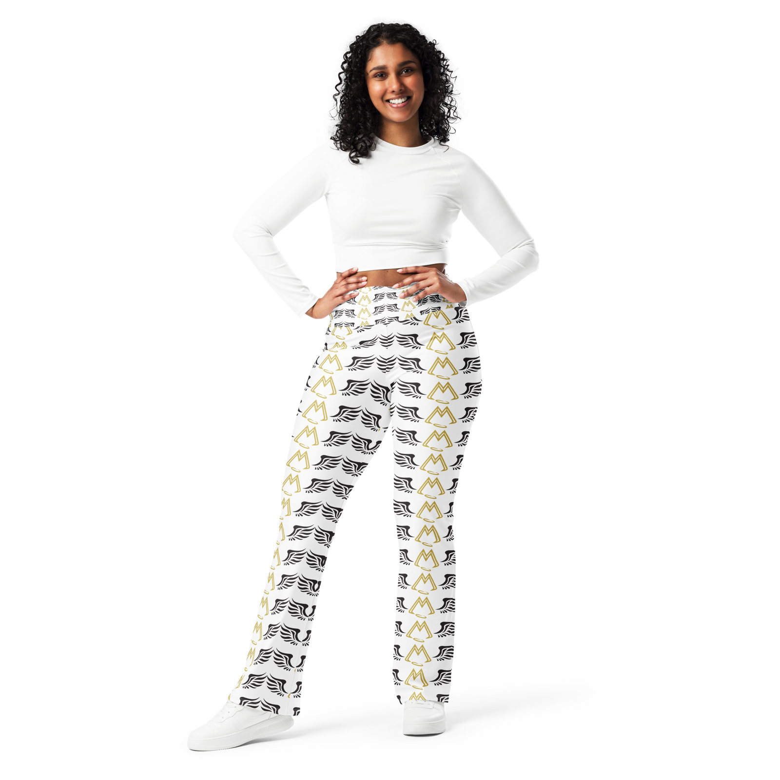 White Flare Leggings With Duplicated Gold-Black MM Iconic Logo