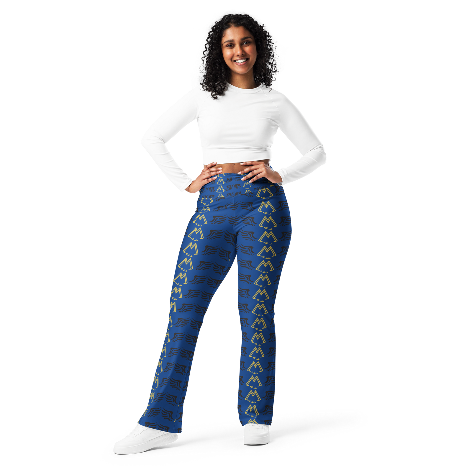 Blue Flare Leggings With Duplicated Gold-Black MM Iconic Logo