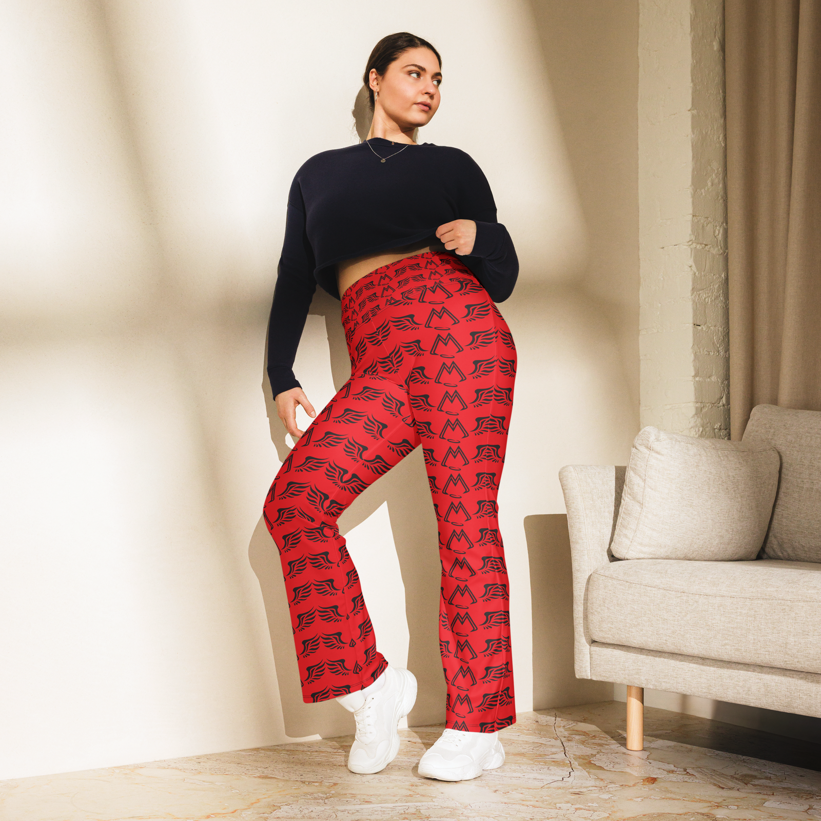 Red Flare Leggings With Duplicated Black MM Iconic Logo