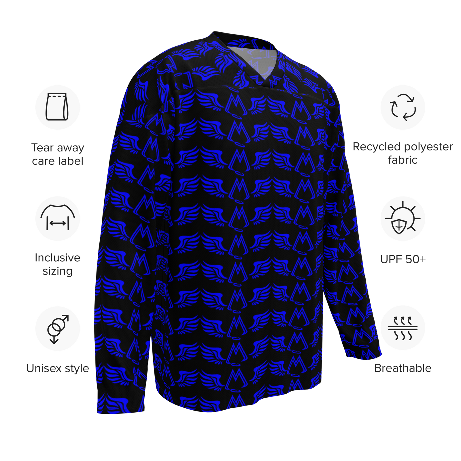 Black Recycled Unisex Hockey Fan Jersey With Duplicated Blue MM Iconic Logo