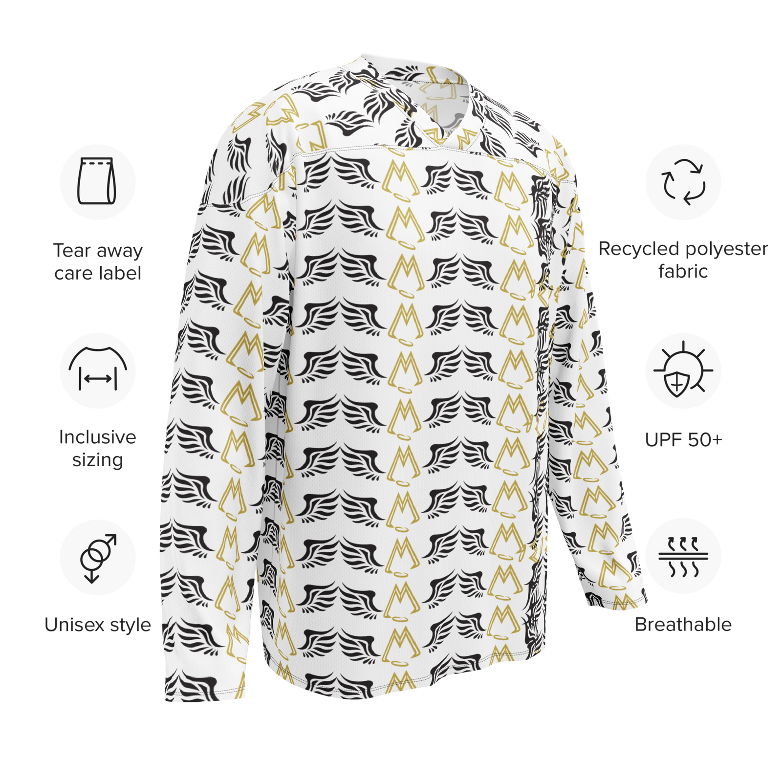 White Recycled Unisex Hockey Fan Jersey With Duplicated Gold-Black MM Iconic Logo