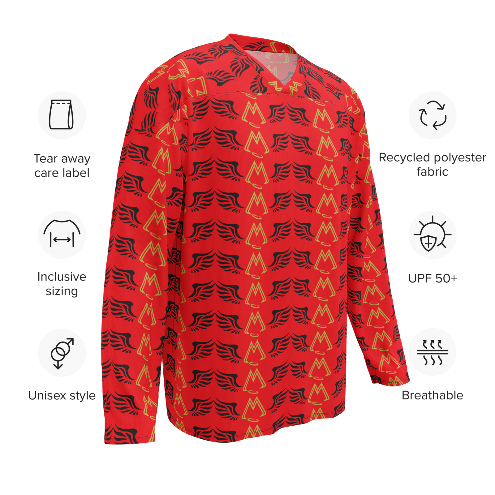 Red Recycled Unisex Hockey Fan Jersey With Duplicated Gold-Black MM Iconic Logo