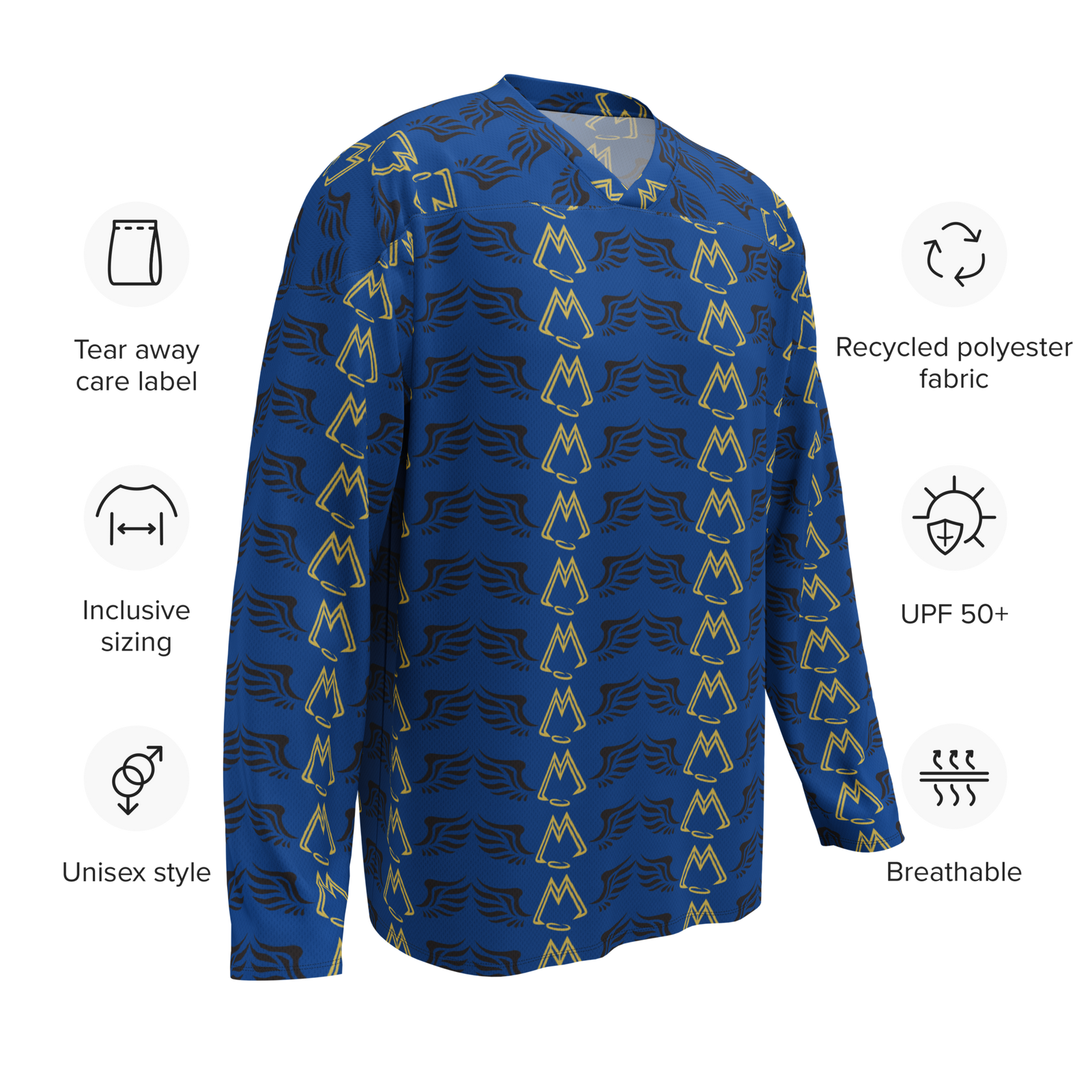 Blue Recycled Unisex Hockey Fan Jersey With Duplicated Gold-Black MM Iconic Logo