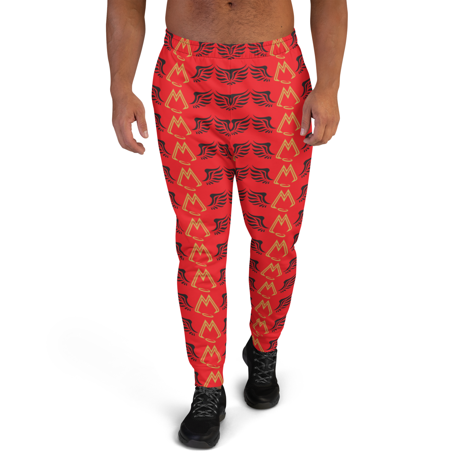 Red Men's Joggers With Duplicated Gold-Black MM Iconic Logo