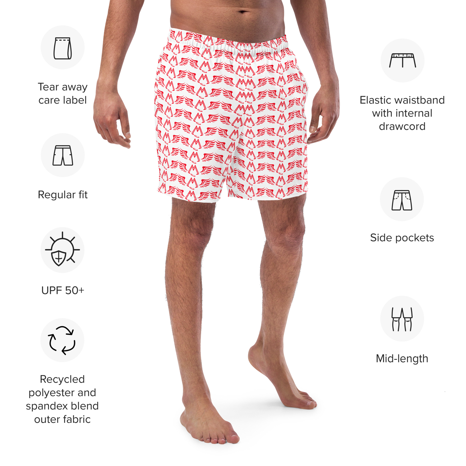 White Swim Trunks With Duplicated Red MM Iconic Logo