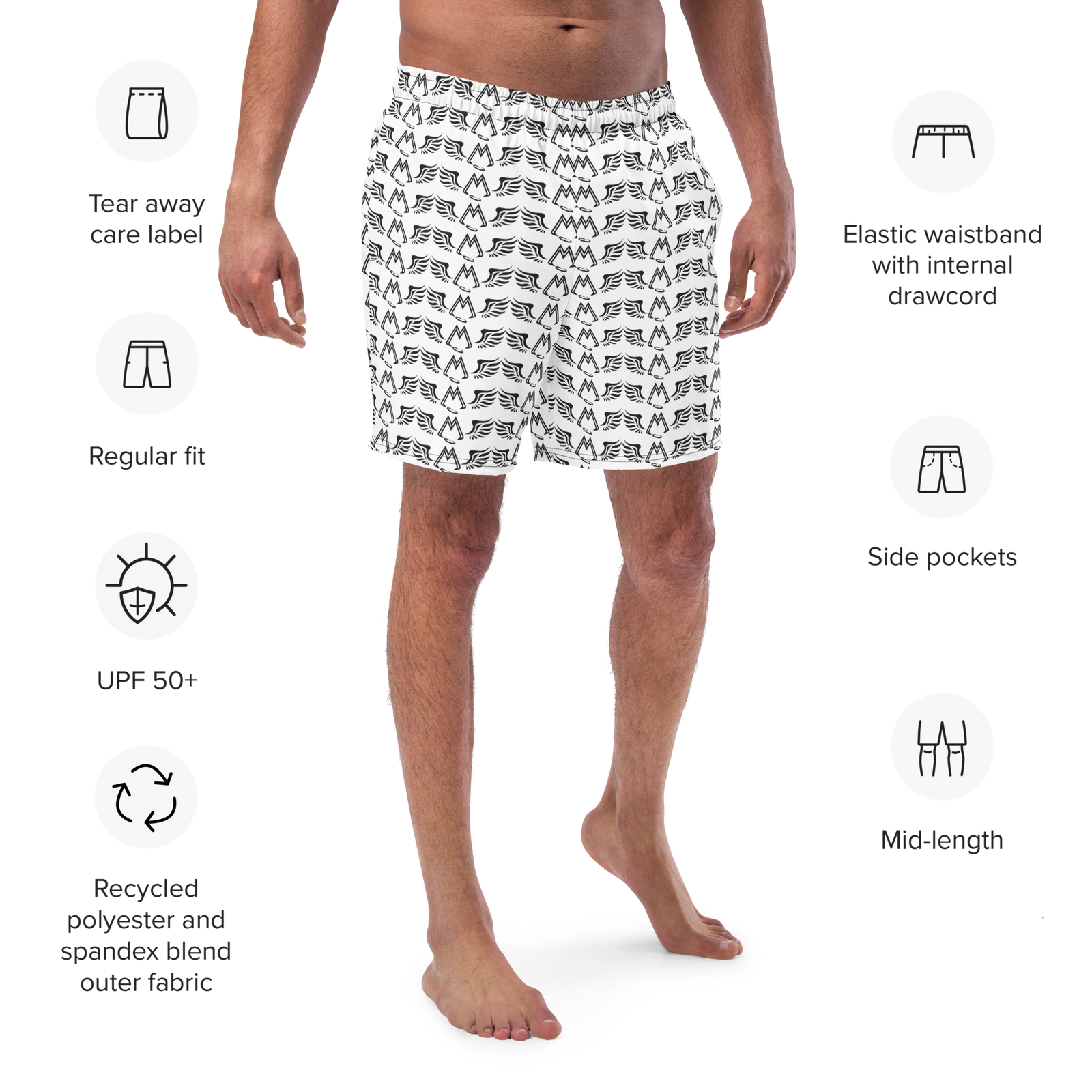 White Swim Trunks With Duplicated Black MM Iconic Logo