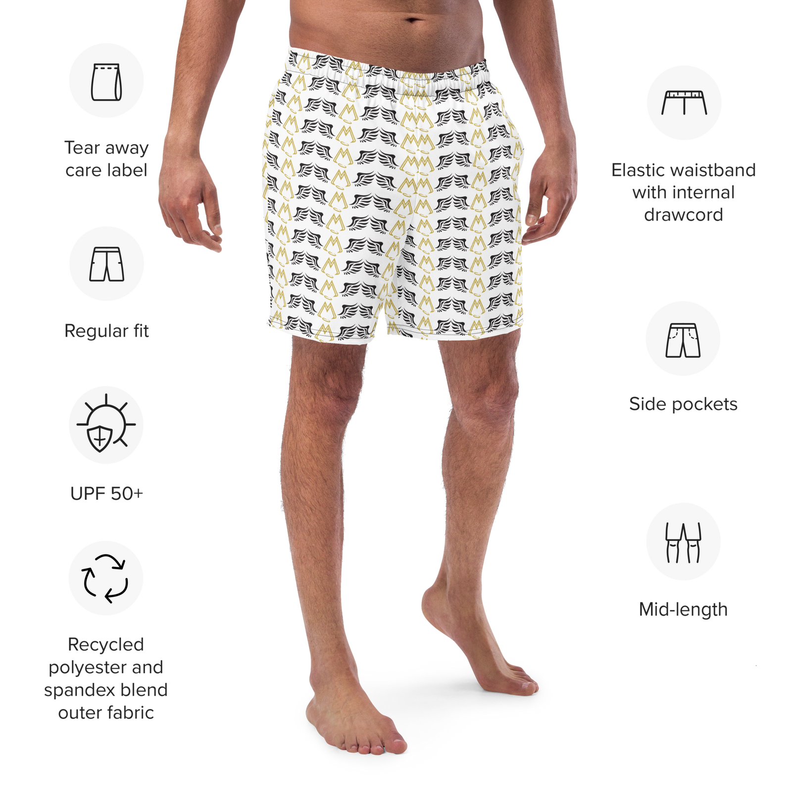 White Swim Trunks With Duplicated Gold-Black MM Iconic Logo