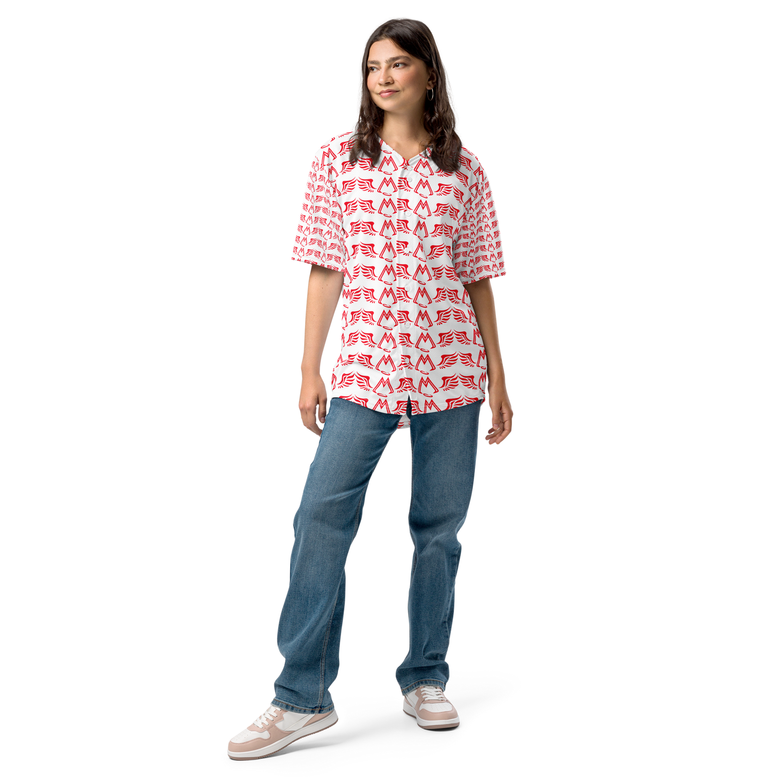 White Unisex Recycled Baseball Jersey With Duplicated Red MM Iconic Logo