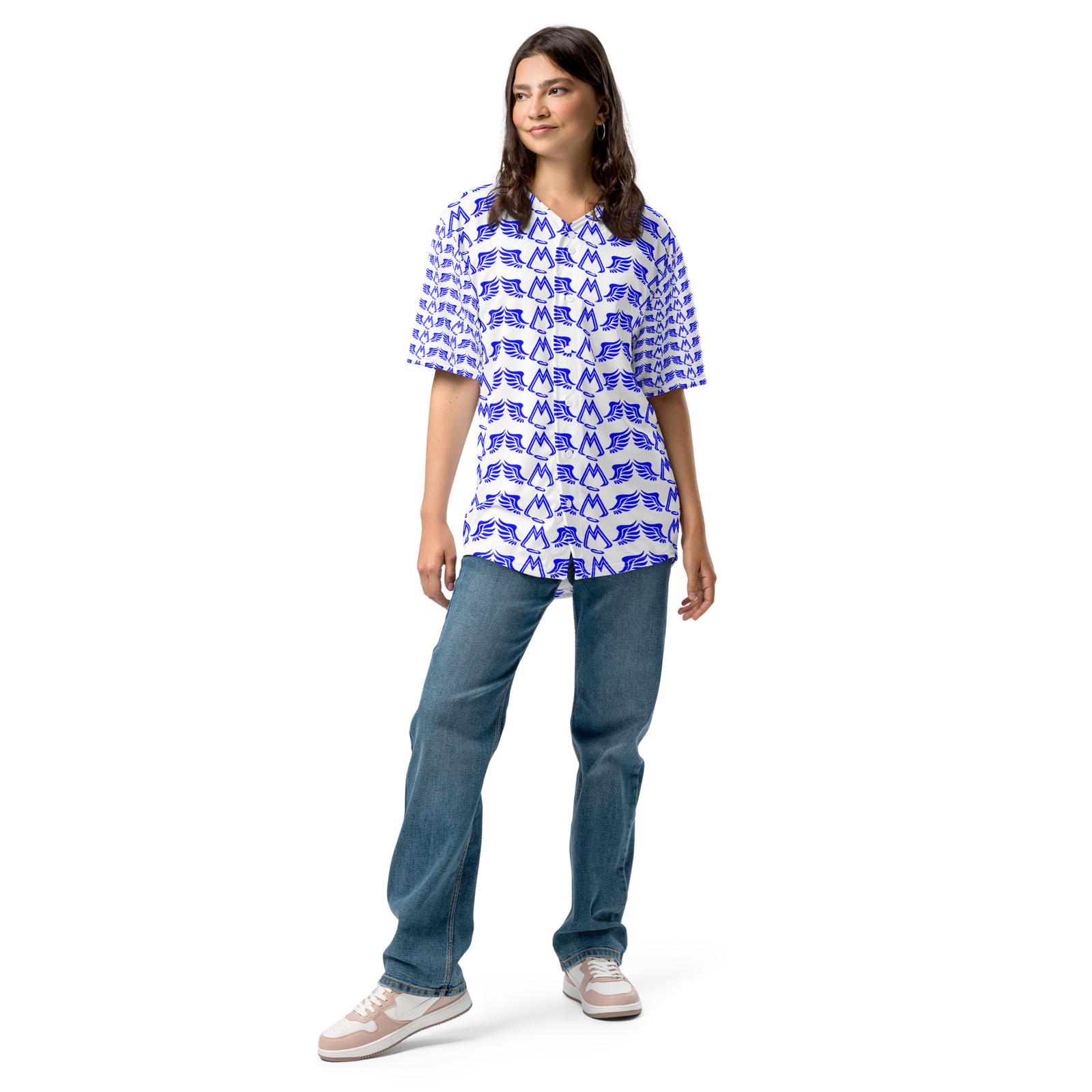 White Unisex Recycled Baseball Jersey With Duplicated Blue MM Iconic Logo