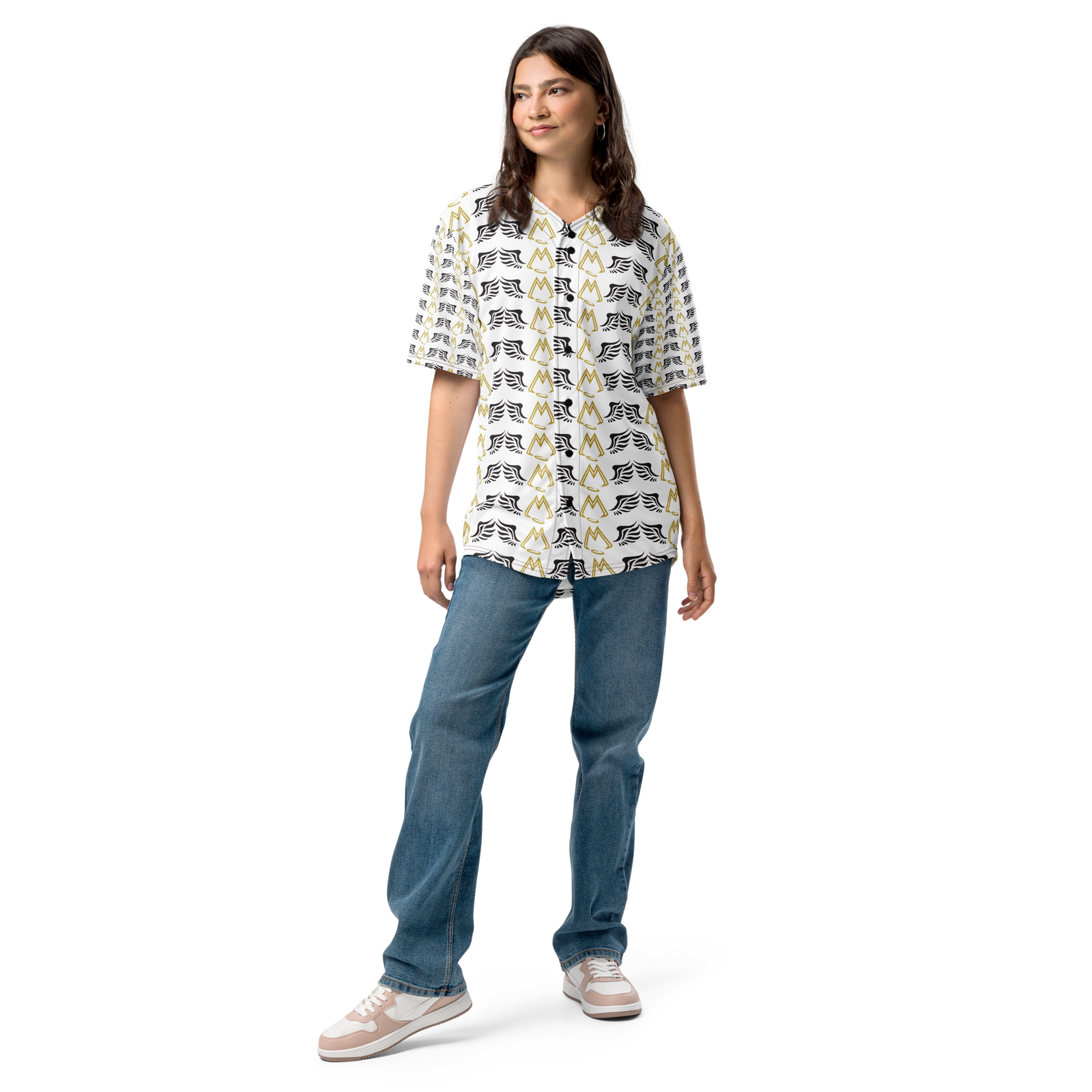 White Unisex Recycled Baseball Jersey With Duplicated Gold-Black MM Iconic Logo