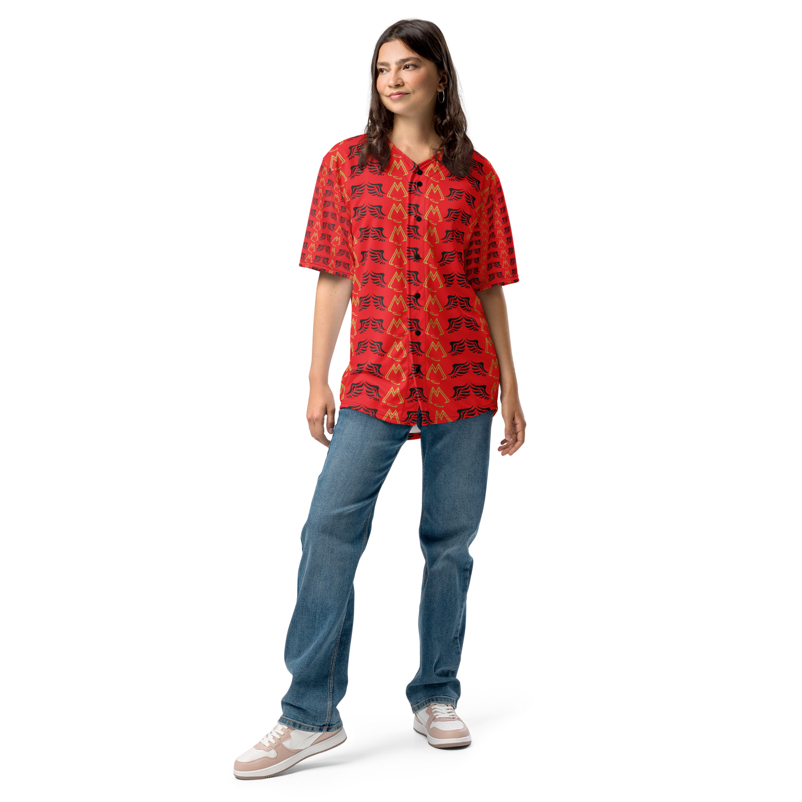 Red Unisex Recycled Baseball Jersey With Duplicated Gold-Black MM Iconic Logo