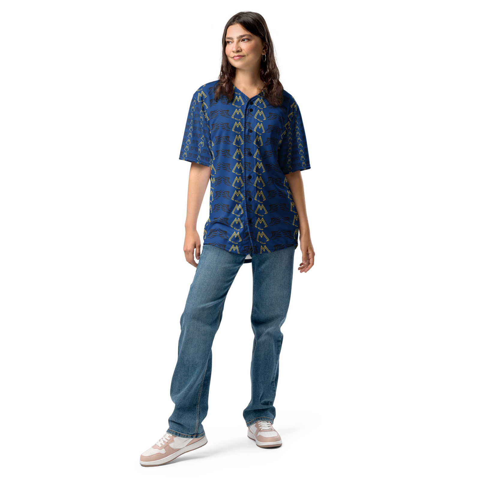 Blue Unisex Recycled Baseball Jersey With Duplicated Gold-Black MM Iconic Logo