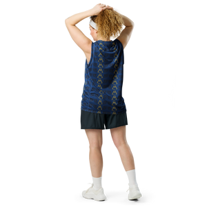 Blue Recycled Unisex Basketball Jersey With Duplicated Gold-Black MM Iconic Logo