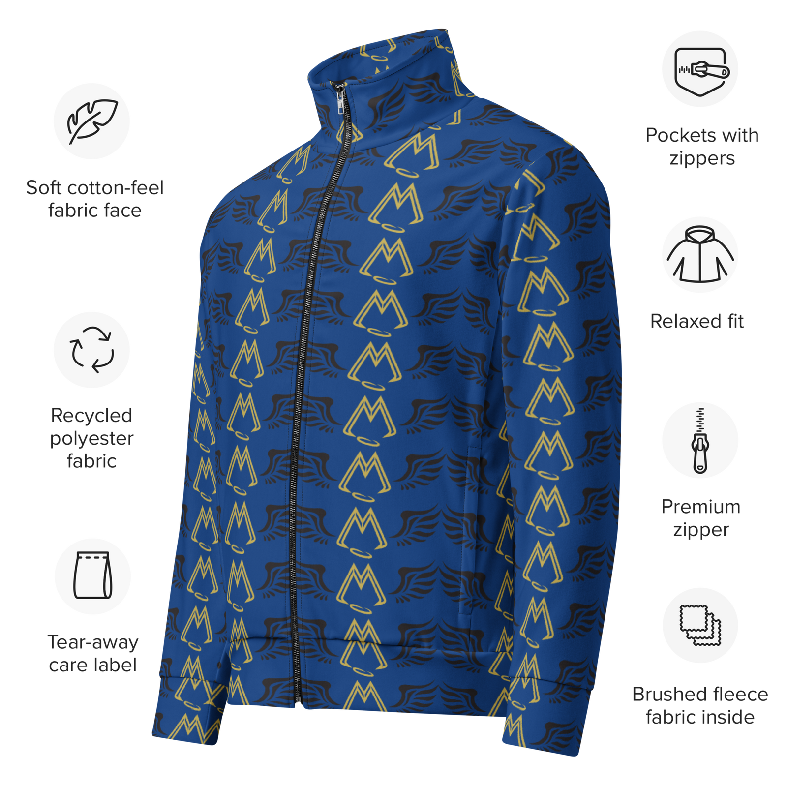 Blue Unisex Track Jacket With Duplicated Gold-Black MM Iconic Logo