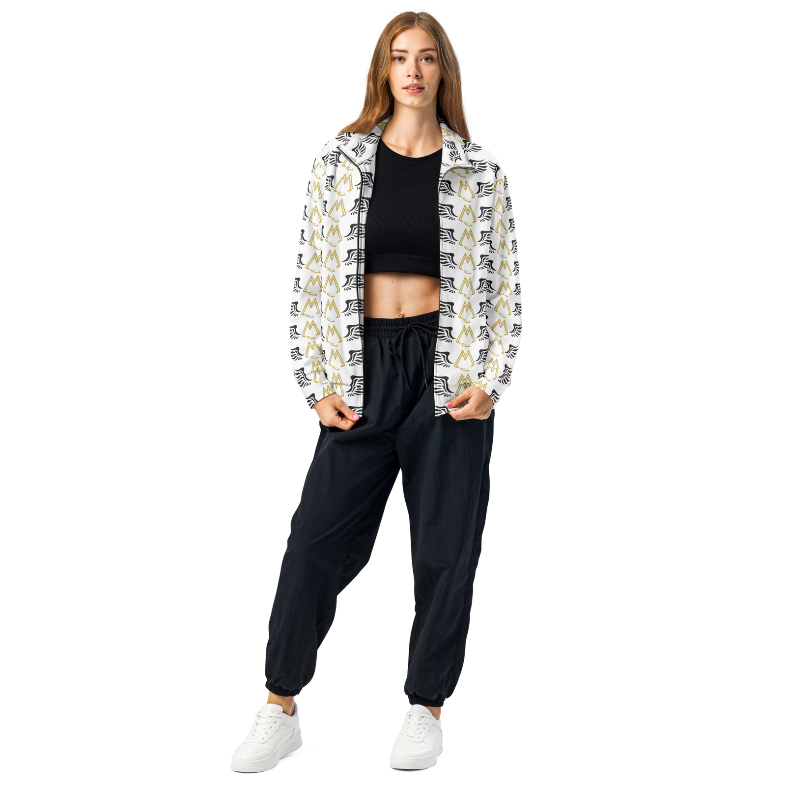 White Unisex Track Jacket With Duplicated Gold-Black MM Iconic Logo