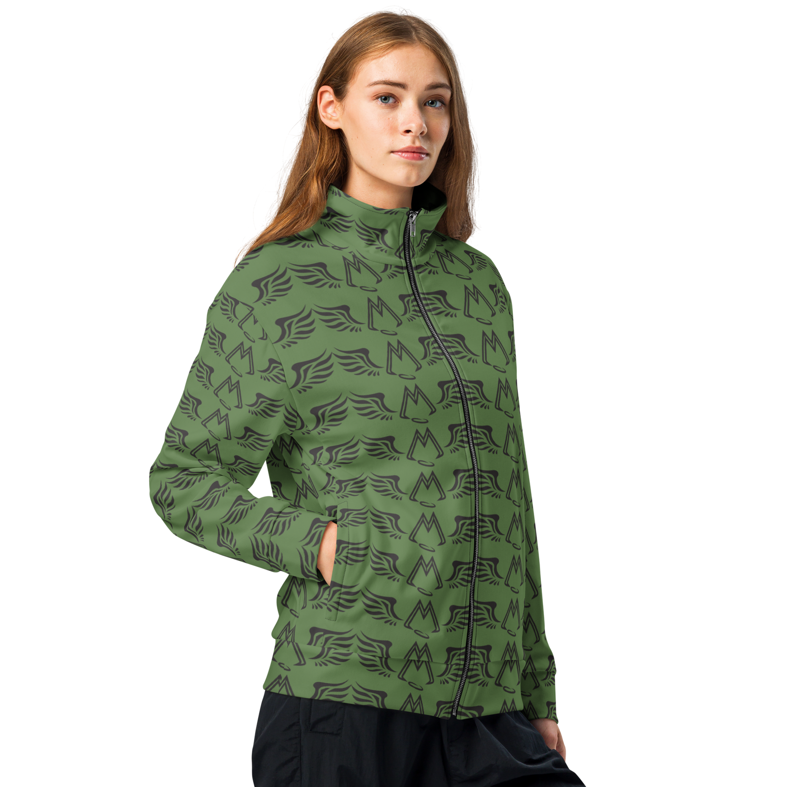Unisex Army Green Track Jacket With Duplicated Black MM Iconic Logo