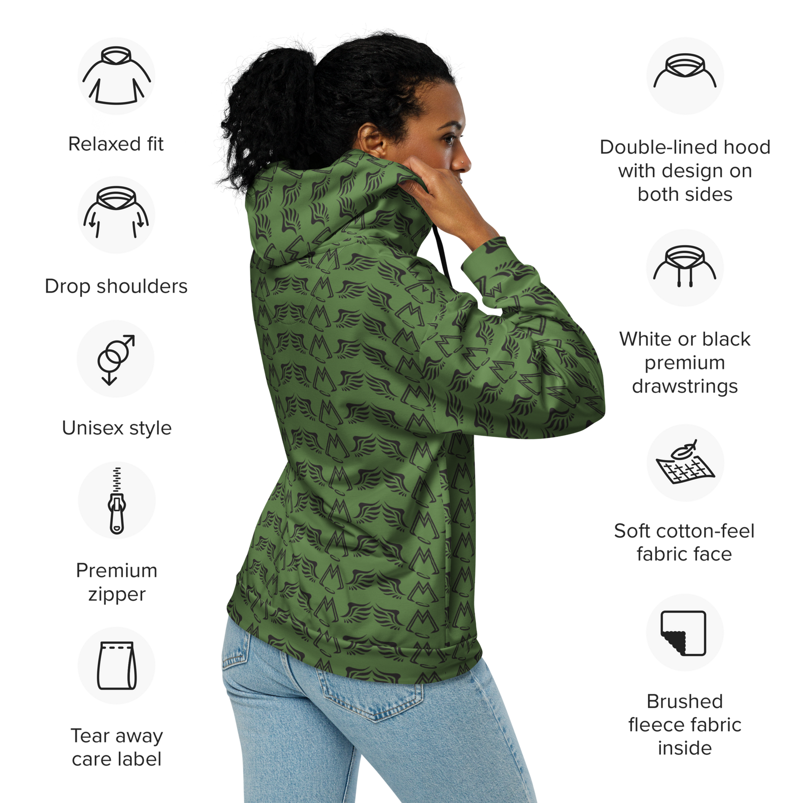 Army Green Unisex Zip Hoodie With Duplicated Black MM Iconic Logo
