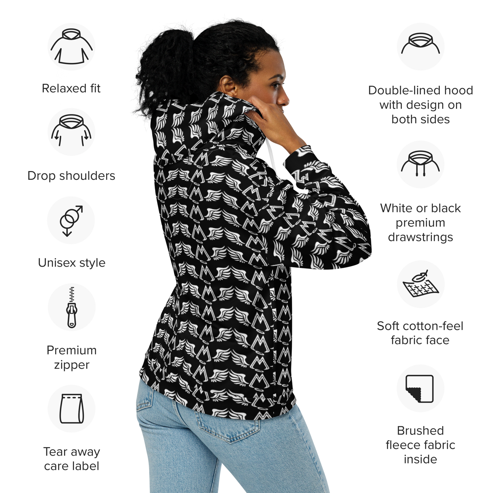 Black Unisex Zip Hoodie With Duplicated White MM Iconic Logo