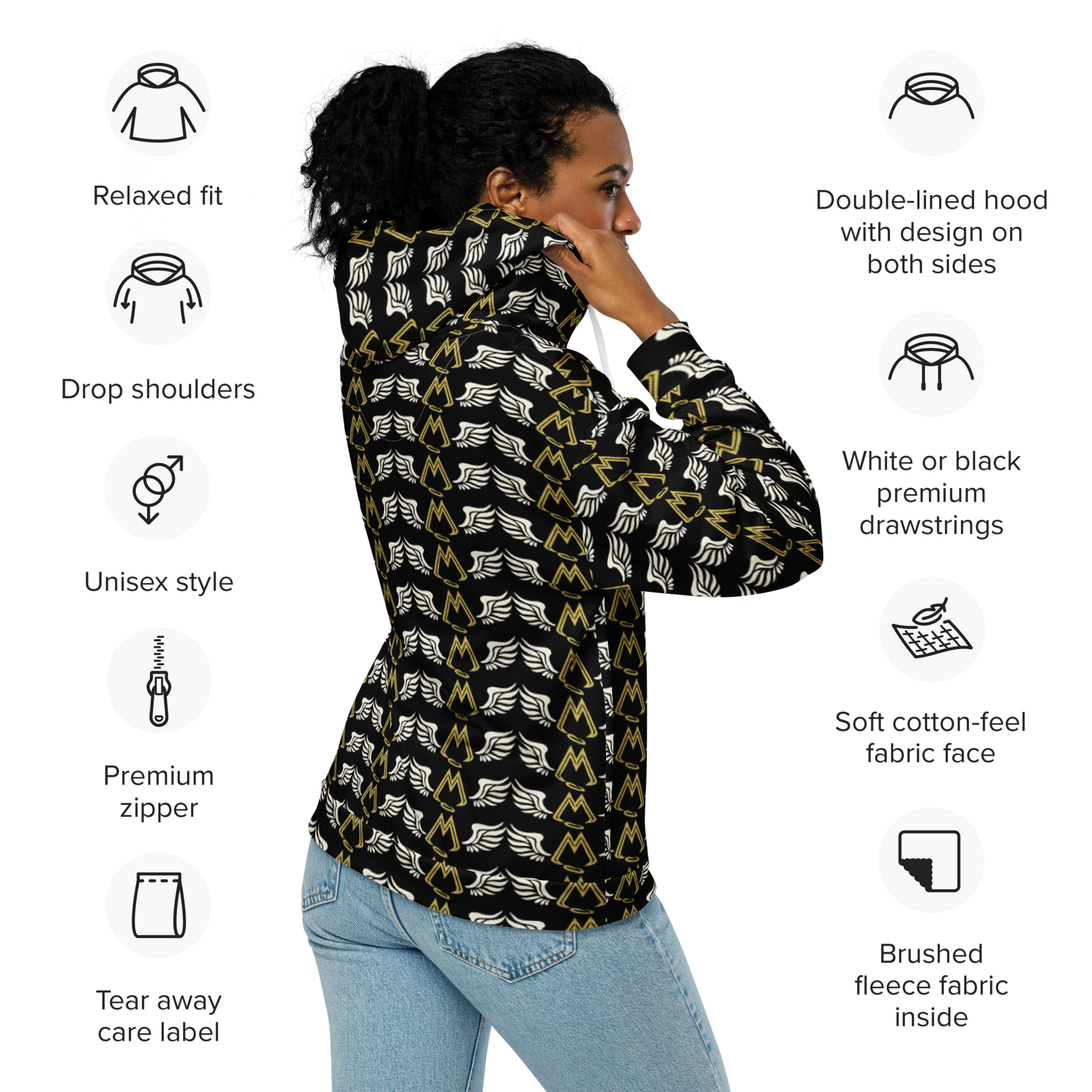 Black Unisex Zip Hoodie With Duplicated Classic MM Iconic Logo