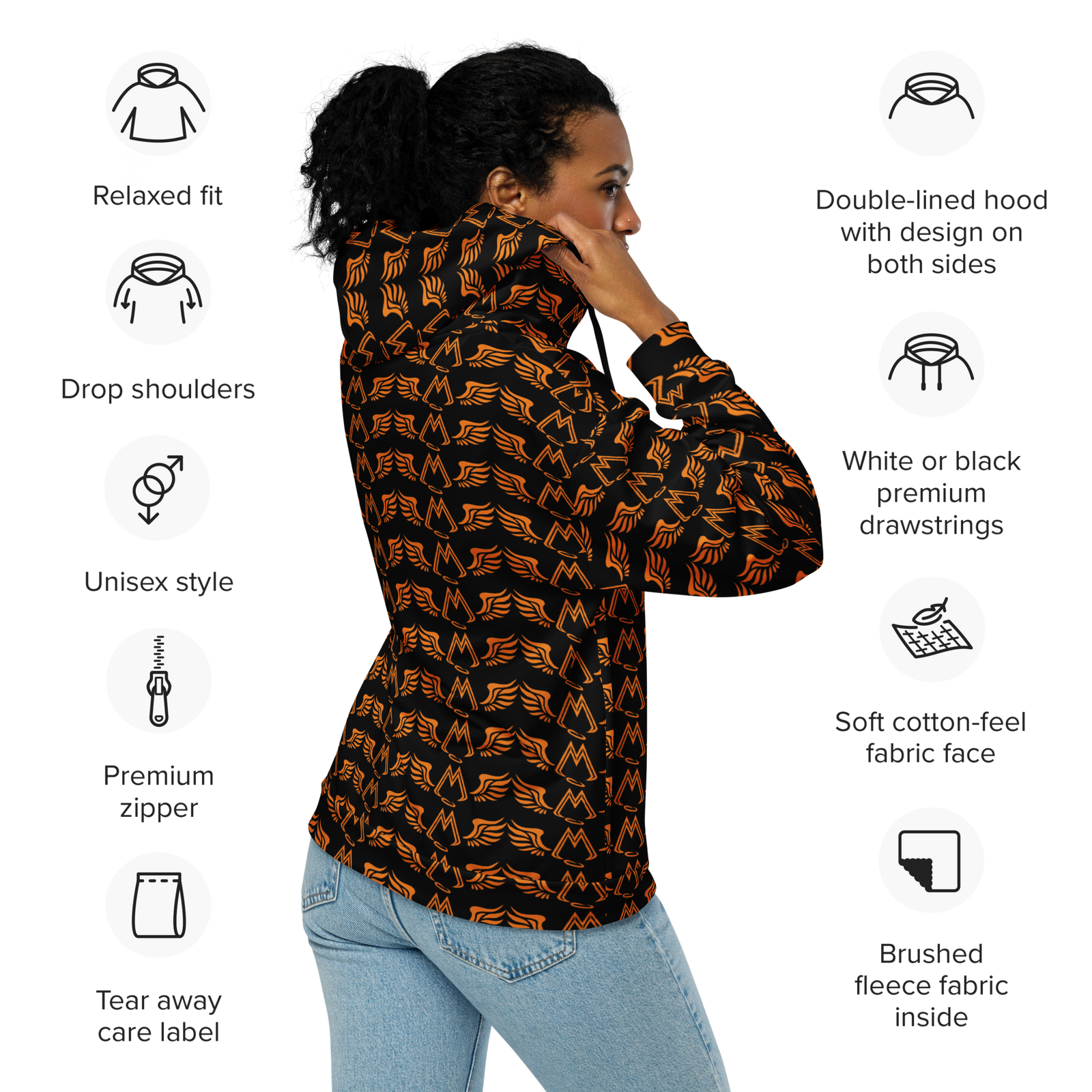 Black Unisex Zip Hoodie With Duplicated Orange MM Iconic Logo