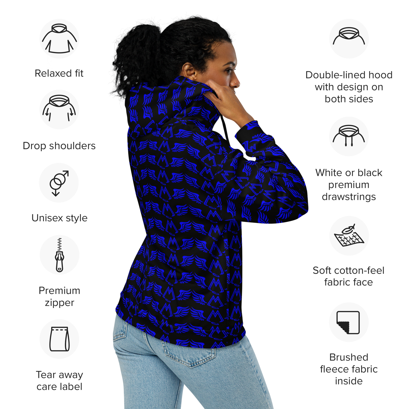Black Unisex Zip Hoodie With Duplicated Blue MM Iconic Logo