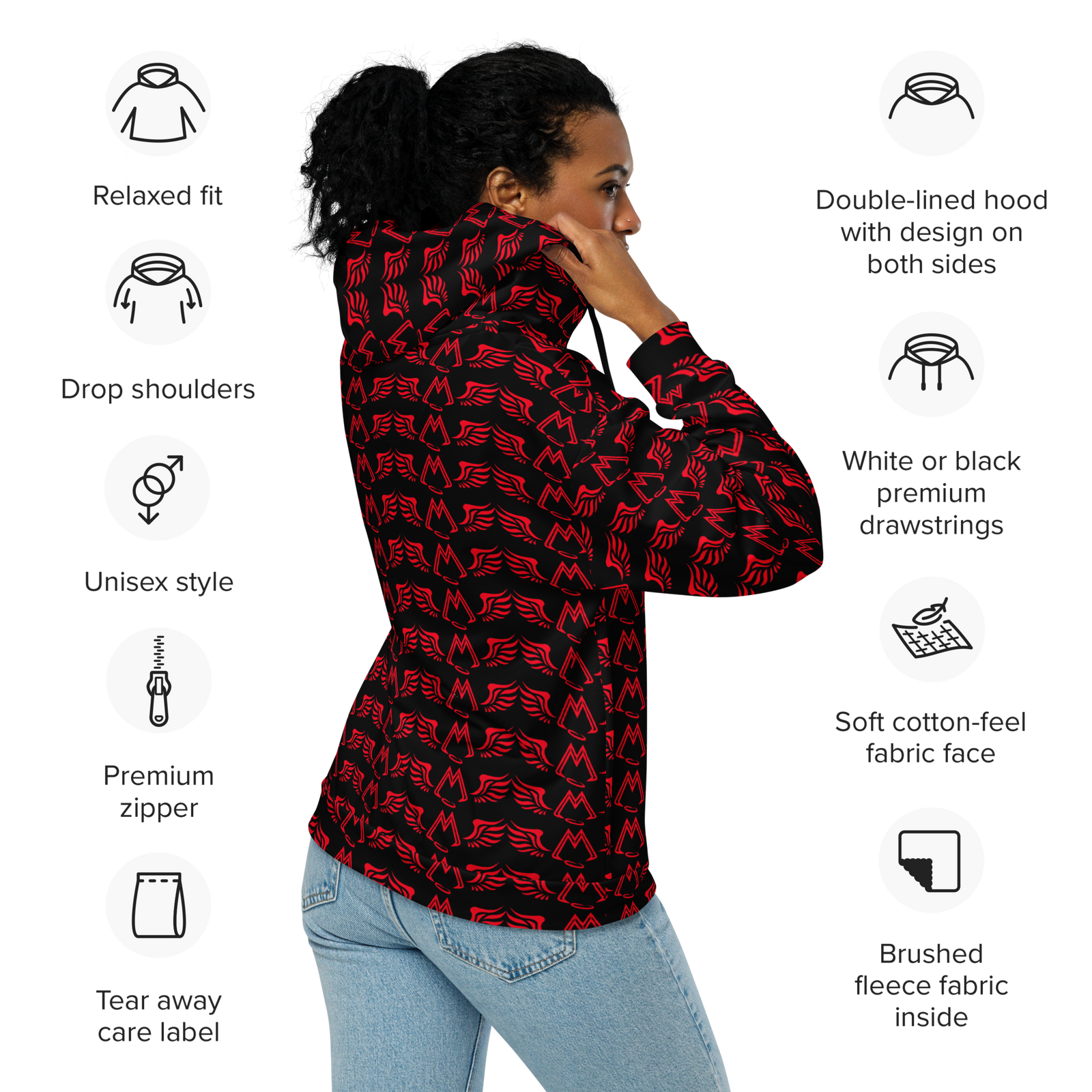 Black Unisex Zip Hoodie With Duplicated Red MM Iconic Logo