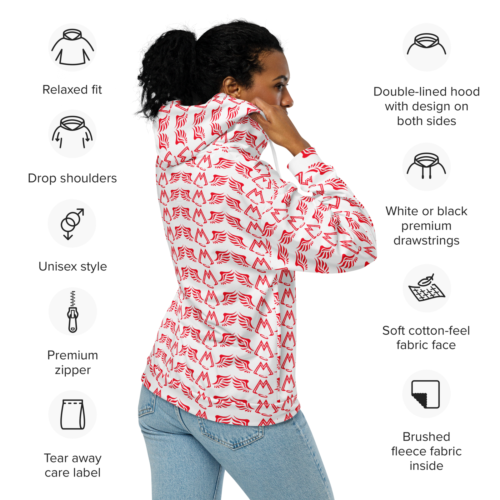 White Unisex Zip Hoodie With Duplicated Red MM Iconic Logo
