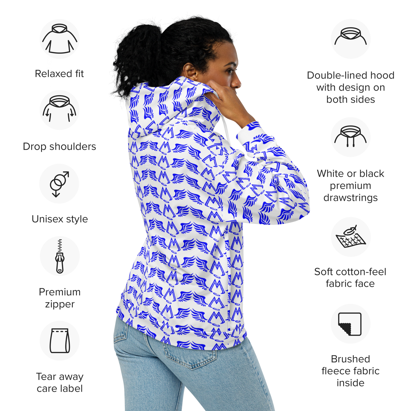 White Unisex Zip Hoodie With Duplicated Blue MM Iconic Logo
