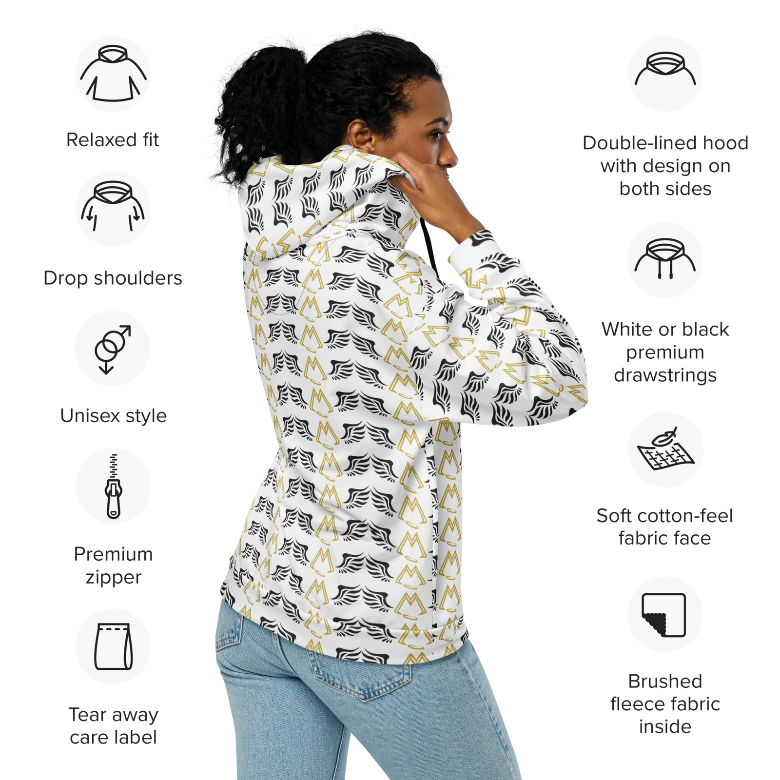 White Unisex Zip Hoodie With Duplicated Gold-Black MM Iconic Logo