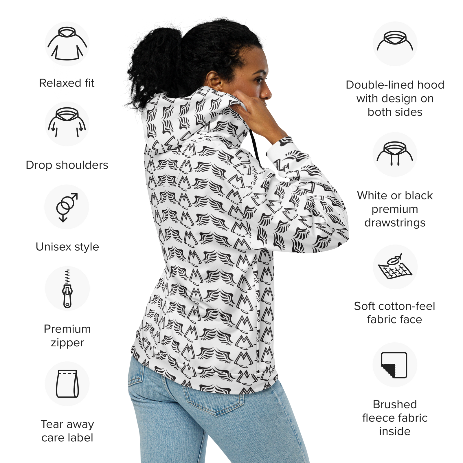 White Unisex Zip Hoodie With Duplicated Black MM Iconic Logo
