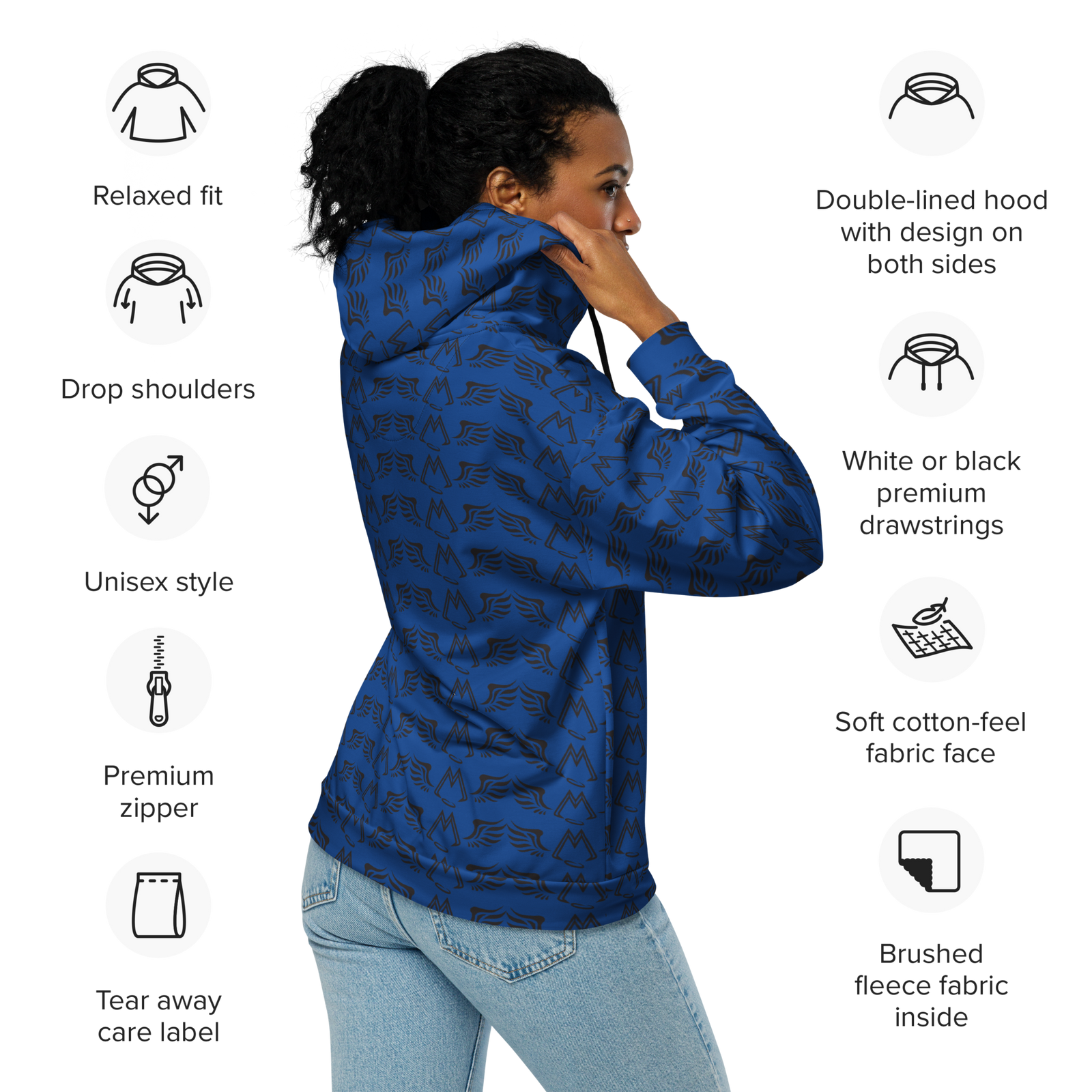 Blue Unisex Zip Hoodie With Duplicated Black MM Iconic Logo