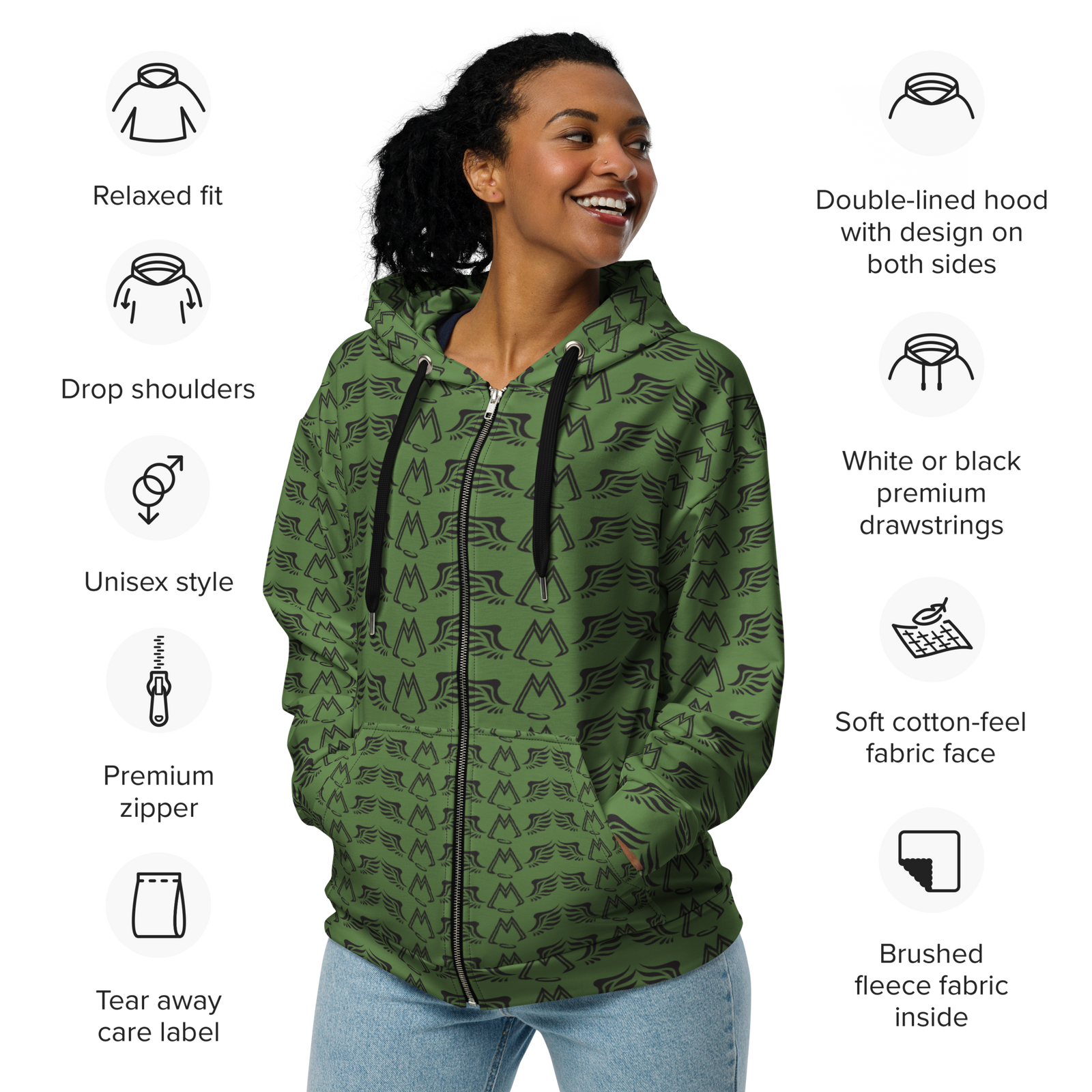 Army Green Unisex Zip Hoodie With Duplicated Black MM Iconic Logo