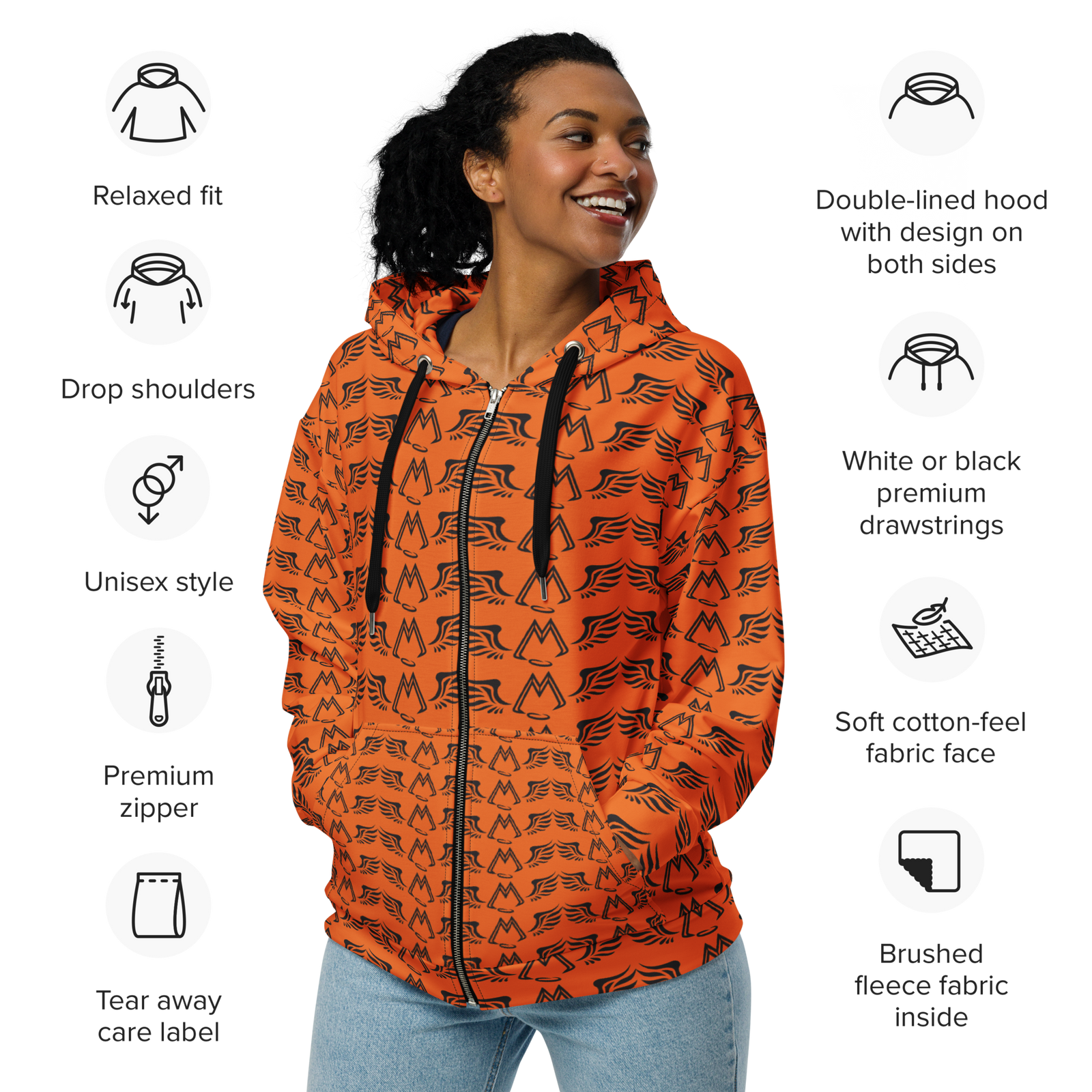 Orange Unisex Zip Hoodie With Duplicated Black MM Iconic Logo