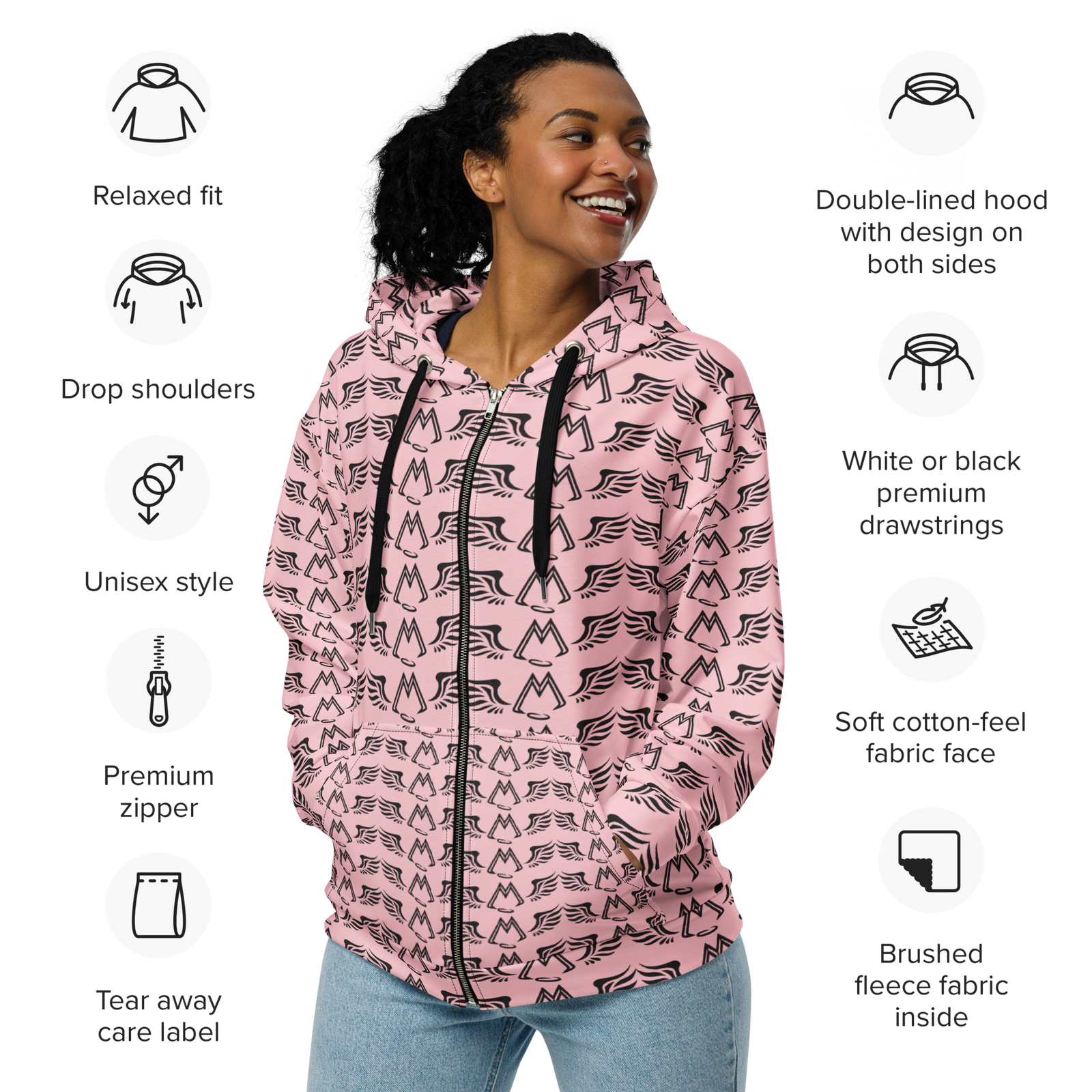 Pink Unisex Zip Hoodie With Duplicated Black MM Iconic Logo