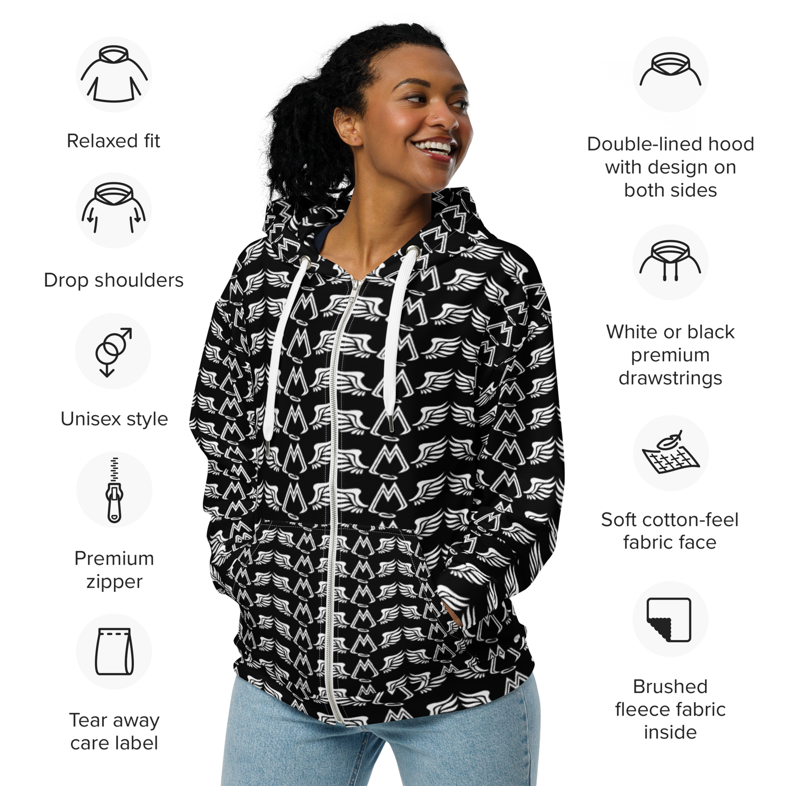 Black Unisex Zip Hoodie With Duplicated White MM Iconic Logo