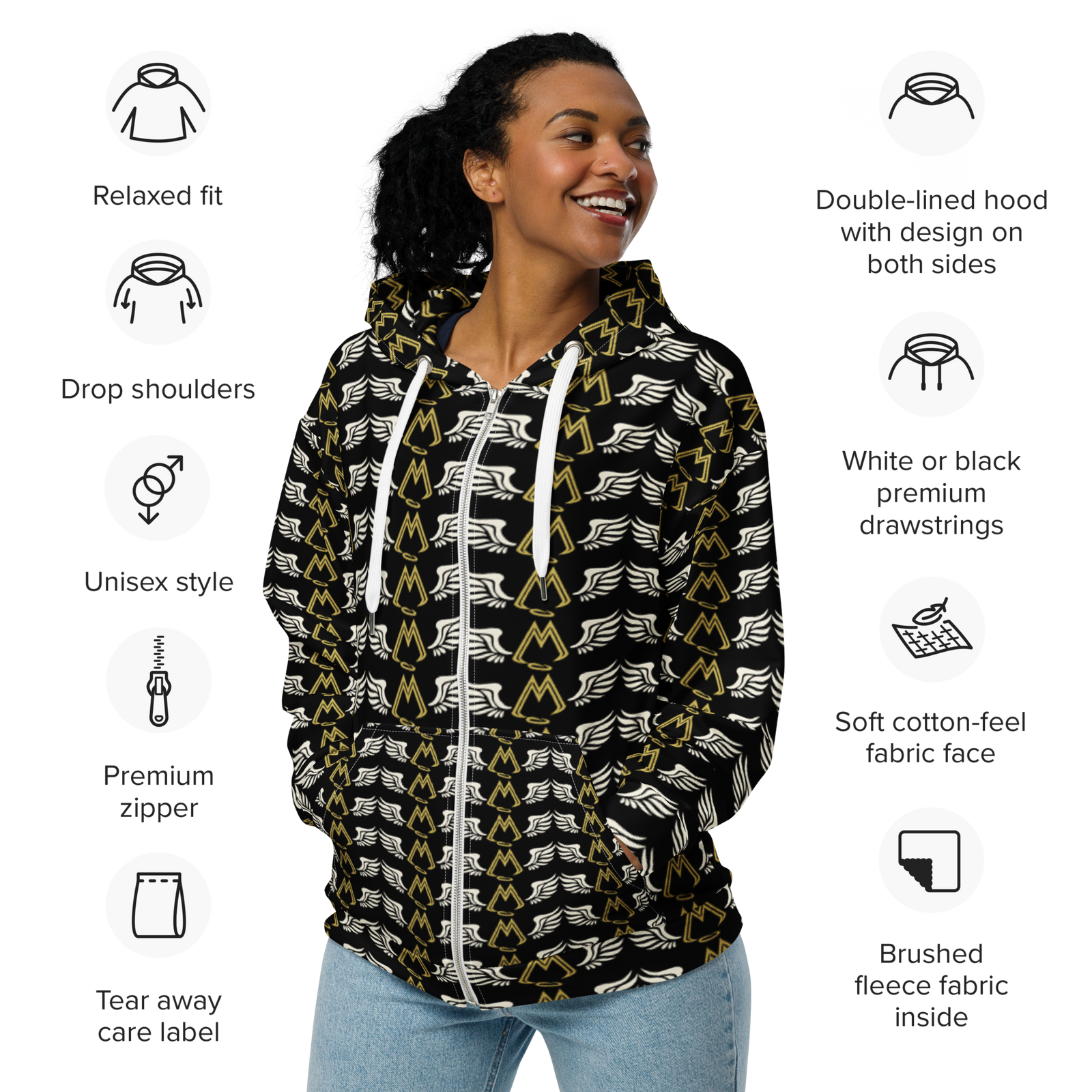 Black Unisex Zip Hoodie With Duplicated Classic MM Iconic Logo