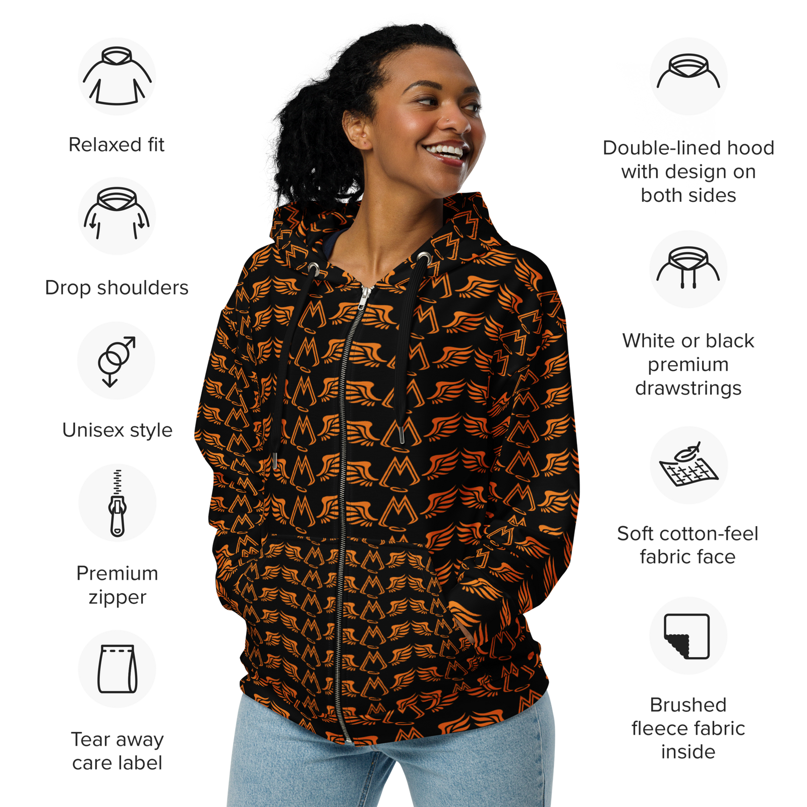Black Unisex Zip Hoodie With Duplicated Orange MM Iconic Logo