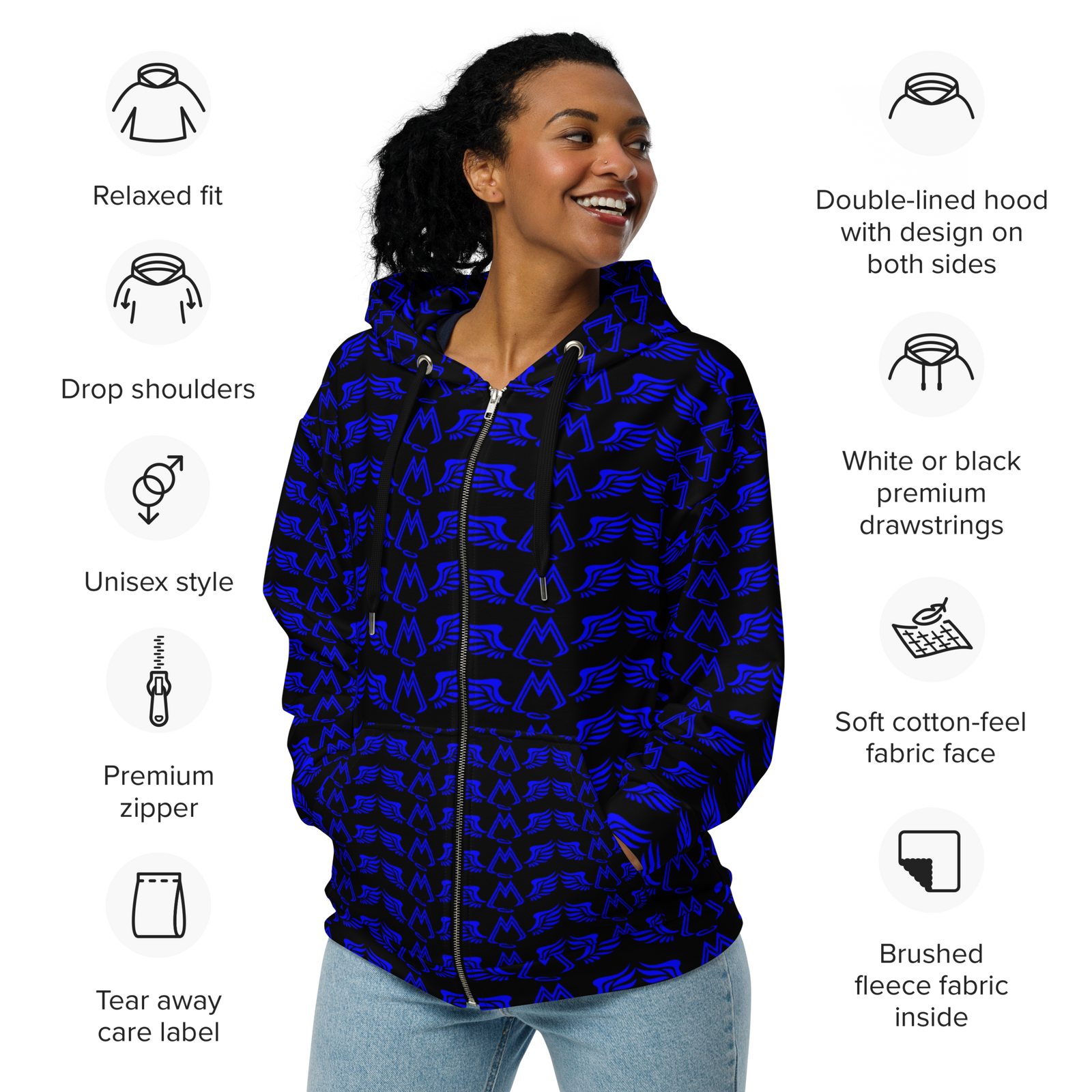 Black Unisex Zip Hoodie With Duplicated Blue MM Iconic Logo