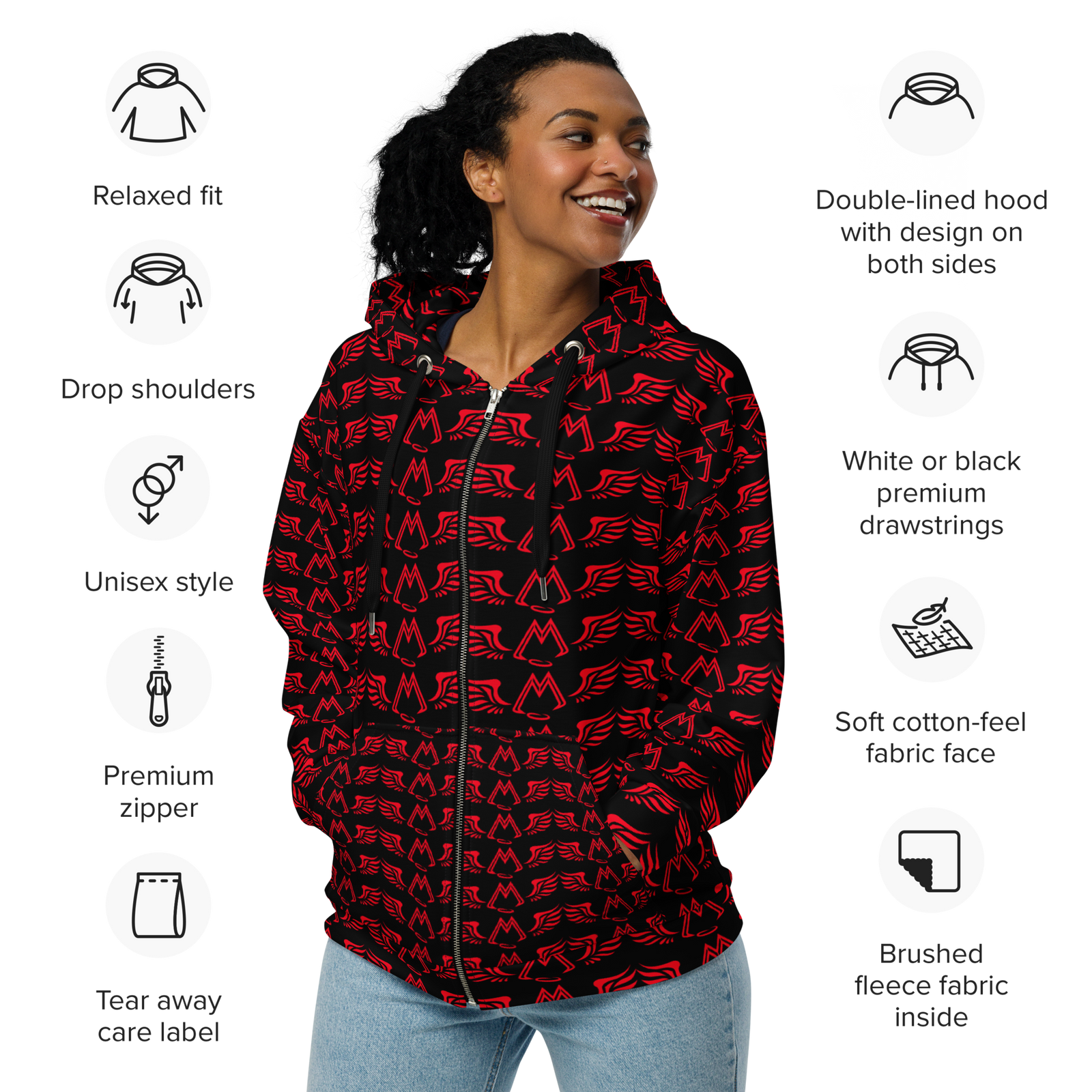 Black Unisex Zip Hoodie With Duplicated Red MM Iconic Logo