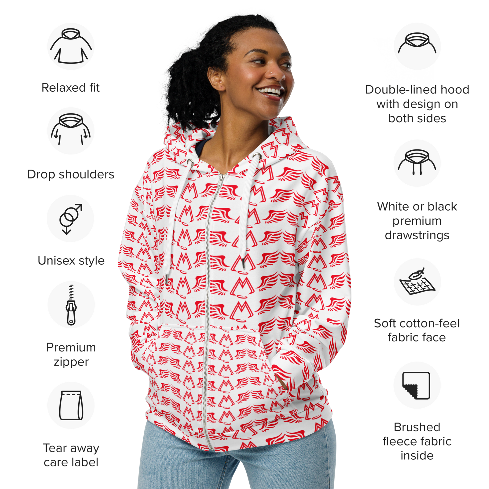 White Unisex Zip Hoodie With Duplicated Red MM Iconic Logo