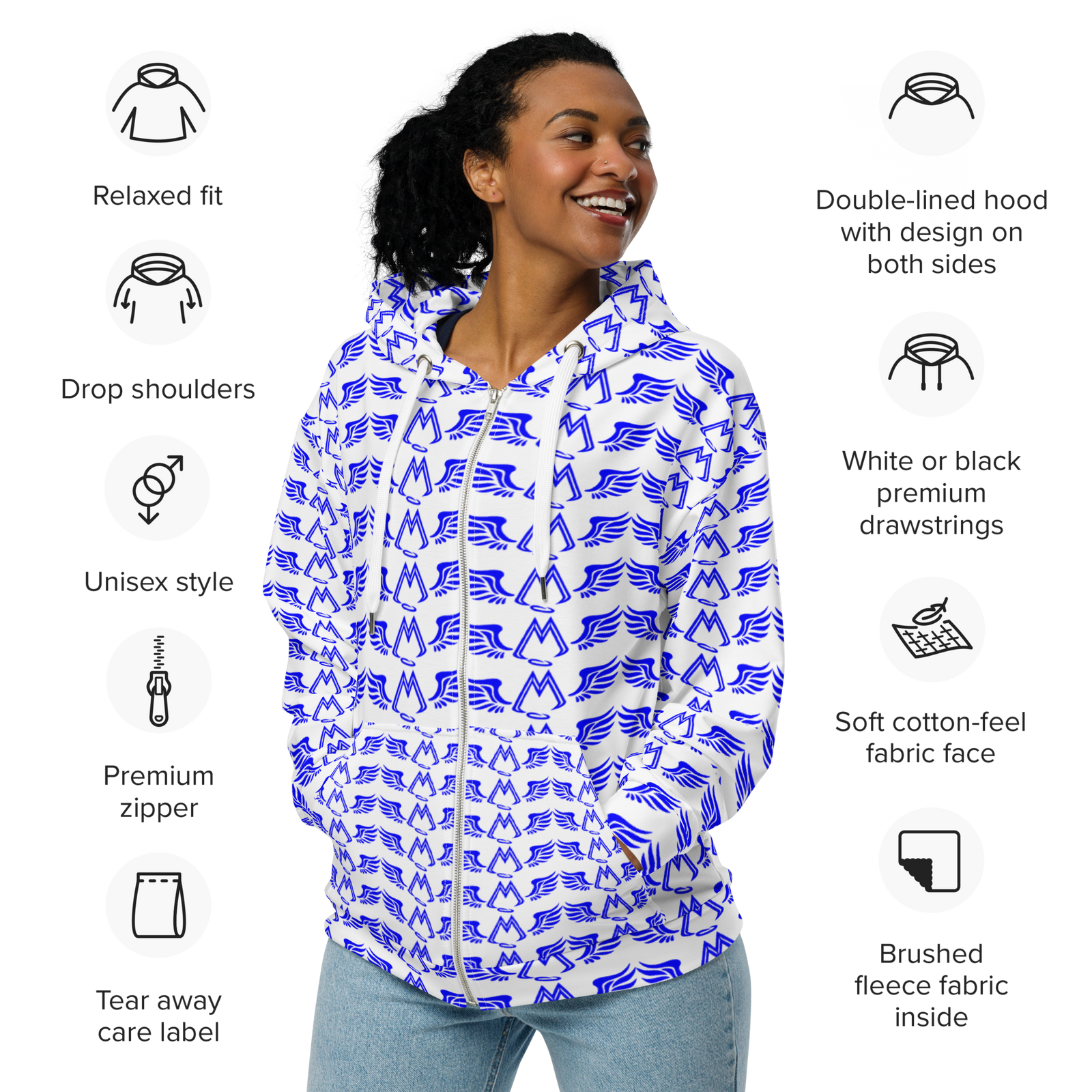 White Unisex Zip Hoodie With Duplicated Blue MM Iconic Logo