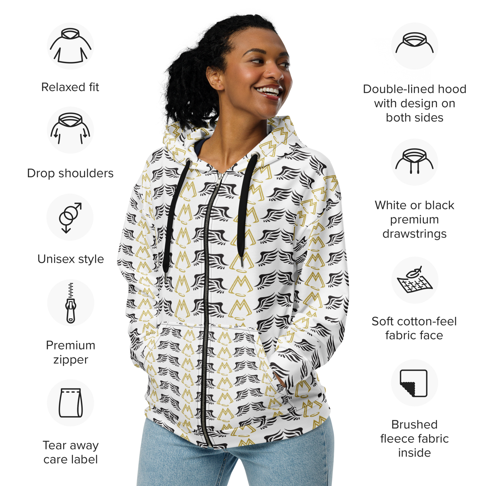 White Unisex Zip Hoodie With Duplicated Gold-Black MM Iconic Logo