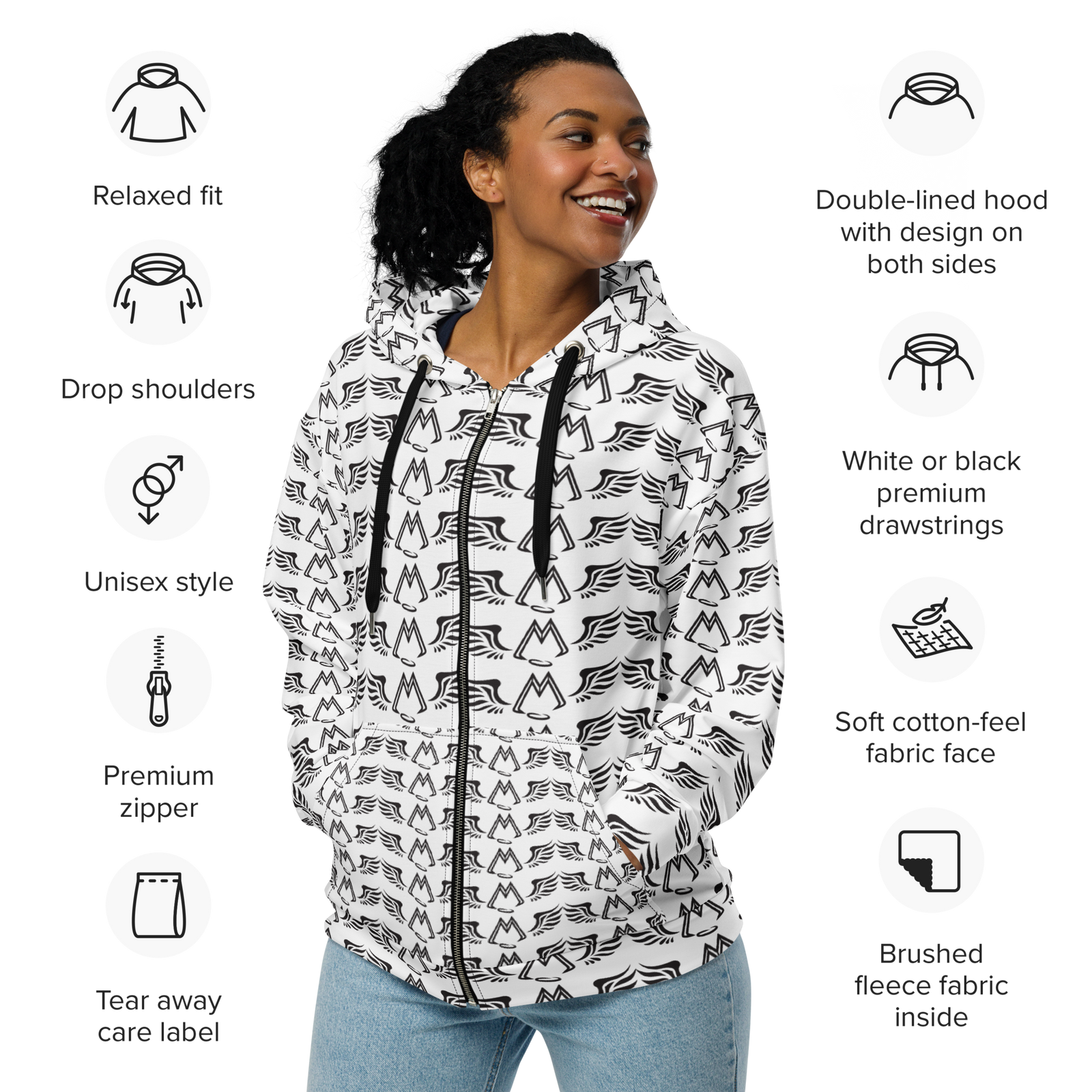 White Unisex Zip Hoodie With Duplicated Black MM Iconic Logo