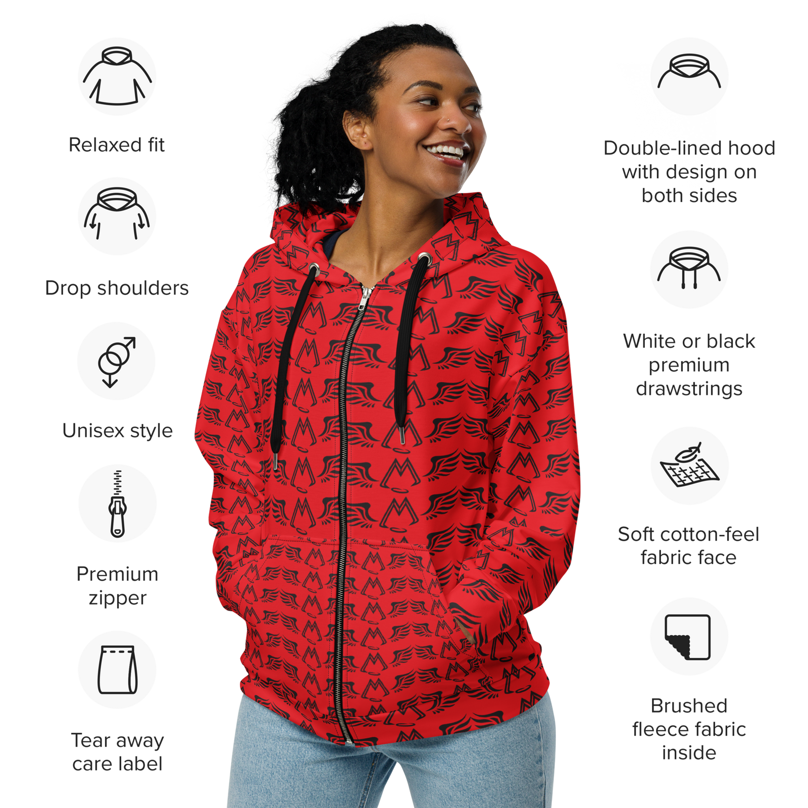 Red Unisex Zip Hoodie With Duplicated Black MM Iconic Logo